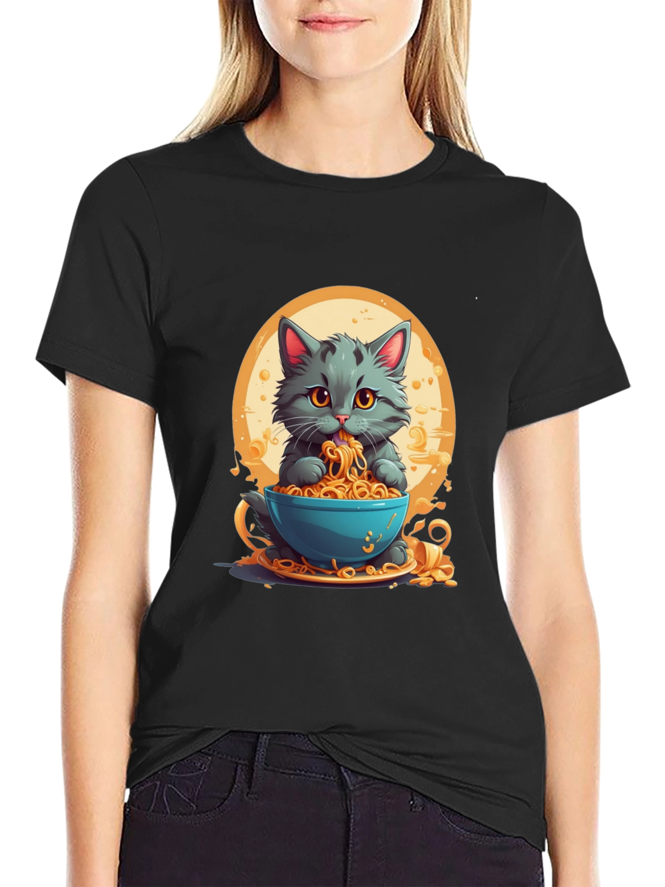Cat Eating Noodles Graphic T-Shirt