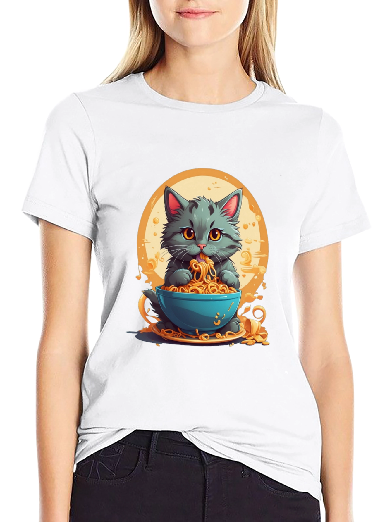 Cat Eating Noodles Graphic T-Shirt