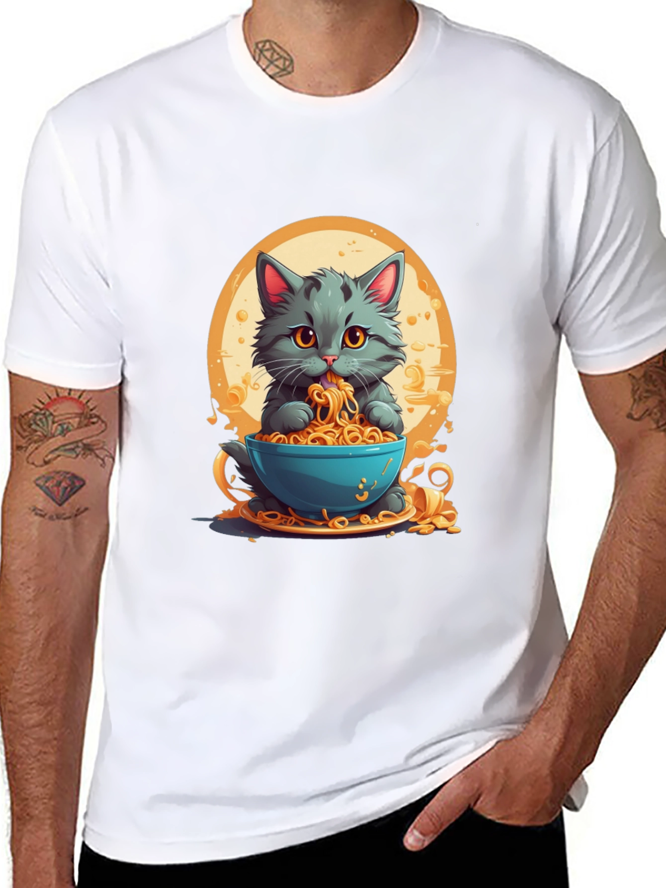 Cat Eating Noodles Graphic T-Shirt