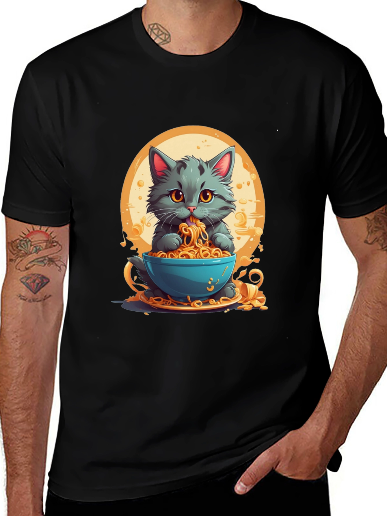 Cat Eating Noodles Graphic T-Shirt