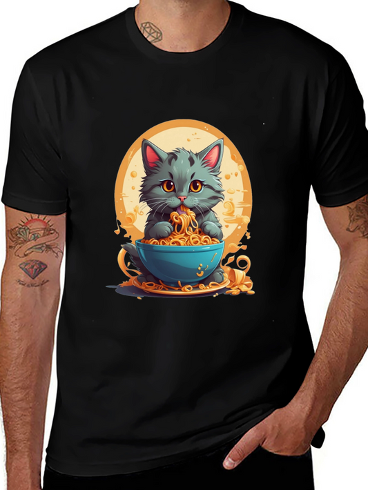 Cat Eating Noodles Graphic T-Shirt