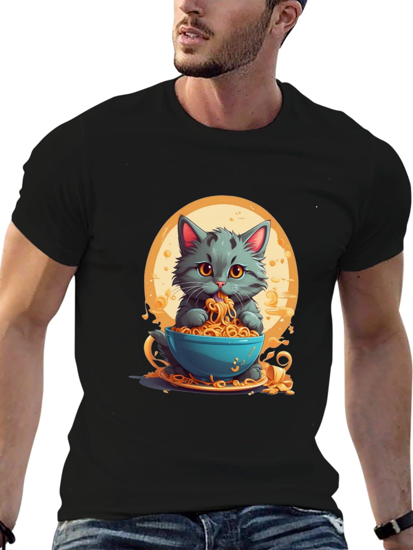 Cat Eating Noodles Graphic T-Shirt