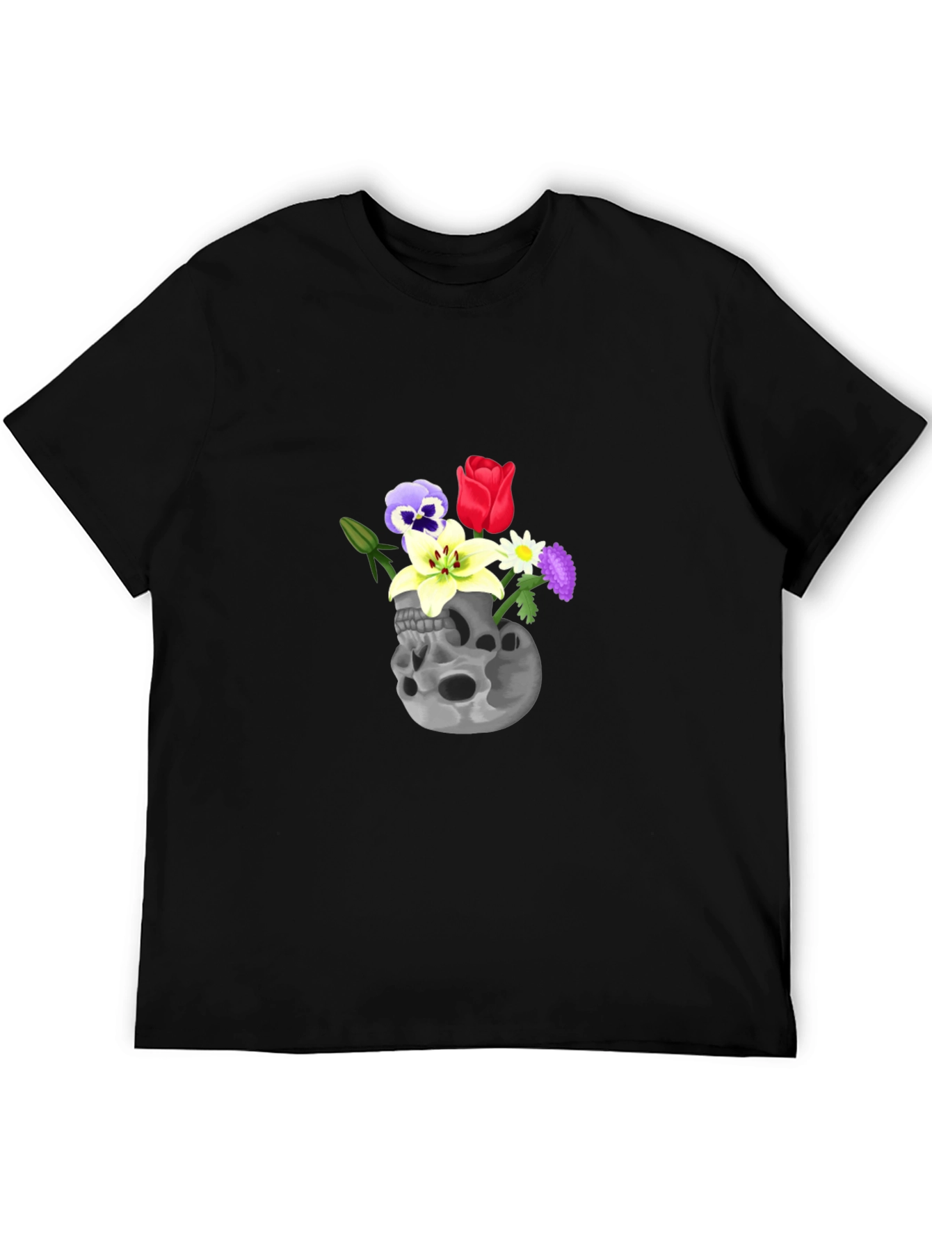 Skull & Flowers Graphic Tee - Black Cotton T-Shirt
