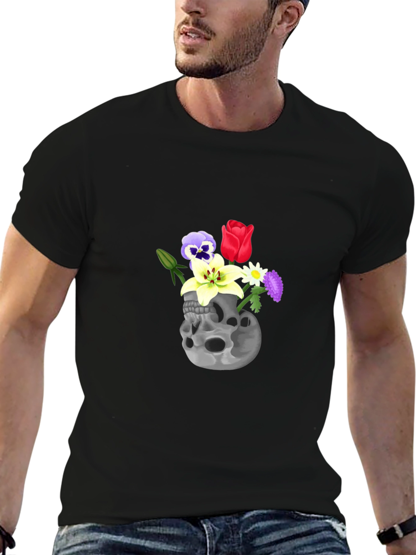 Skull & Flowers Graphic Tee - Black Cotton T-Shirt