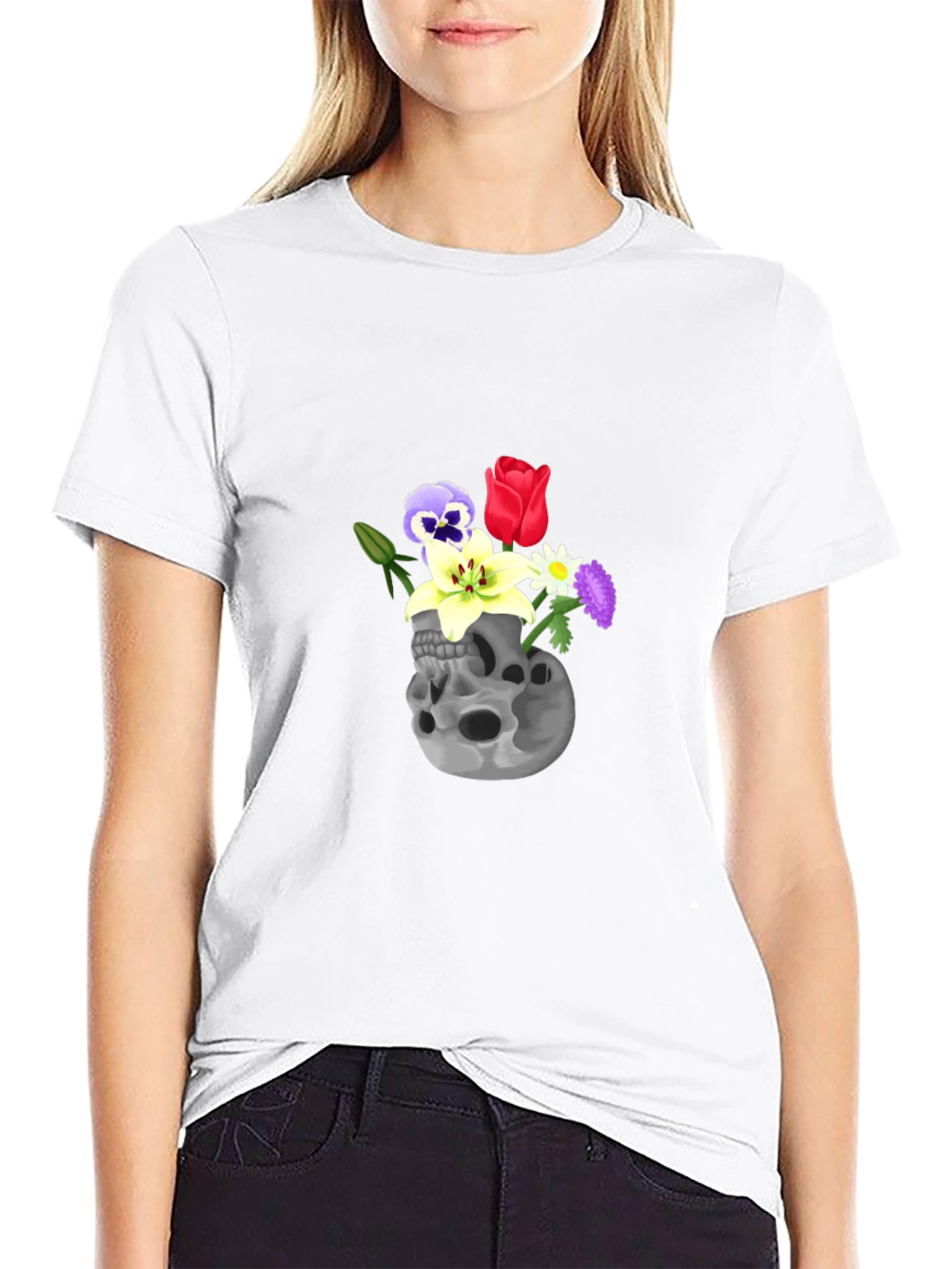 Skull & Flowers Graphic Tee - Black Cotton T-Shirt