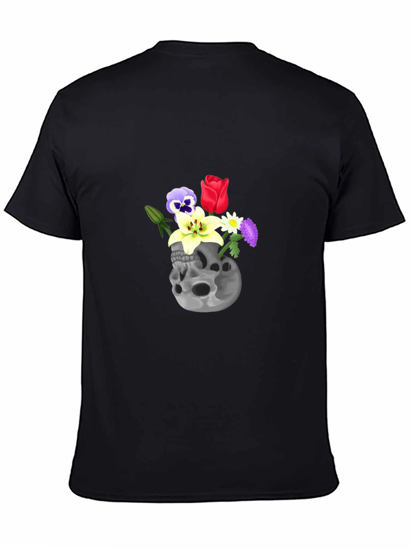 Skull & Flowers Graphic Tee - Black Cotton T-Shirt