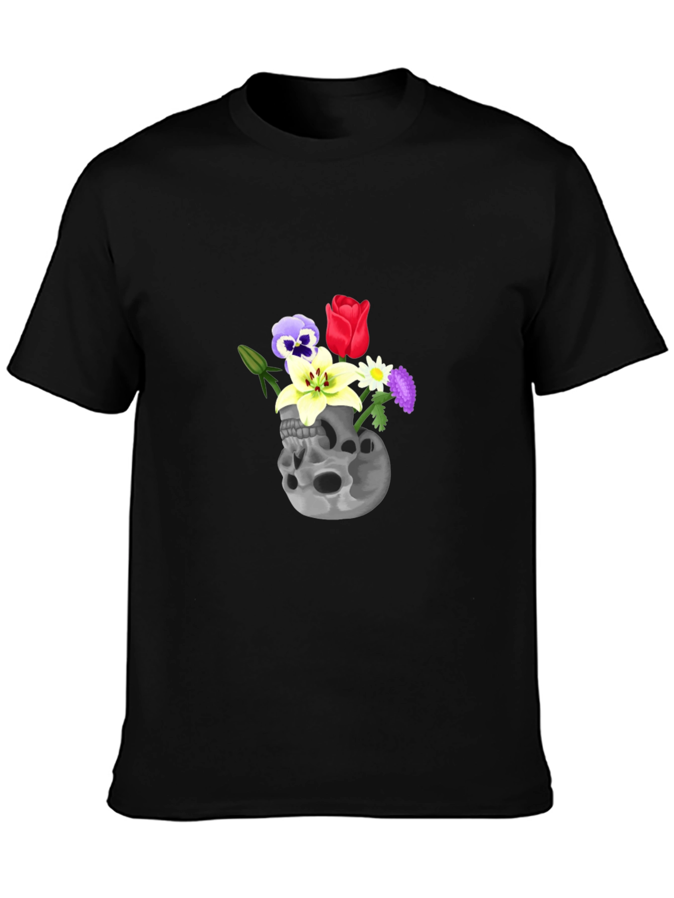 Skull & Flowers Graphic Tee - Black Cotton T-Shirt