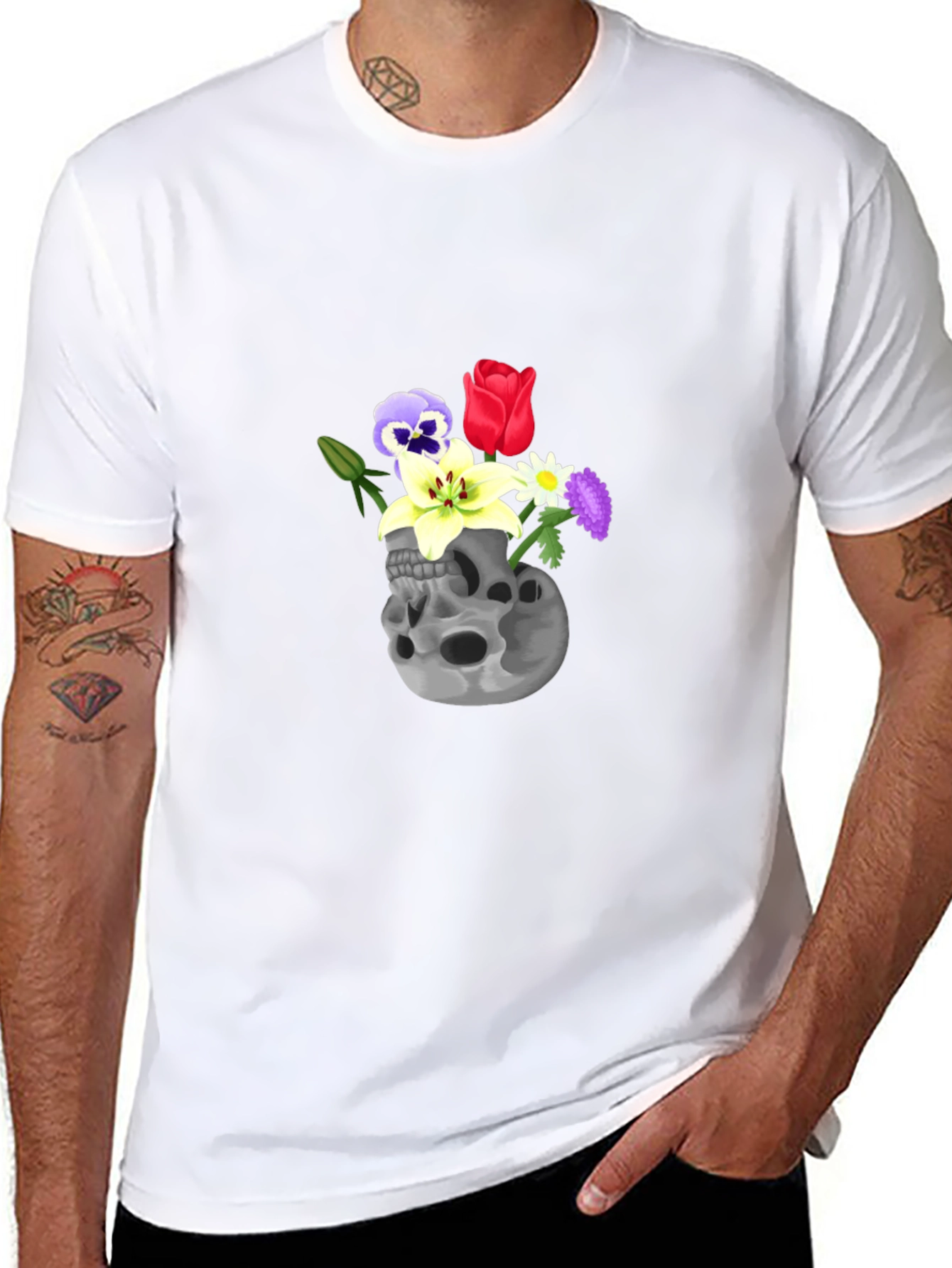 Skull & Flowers Graphic Tee - Black Cotton T-Shirt