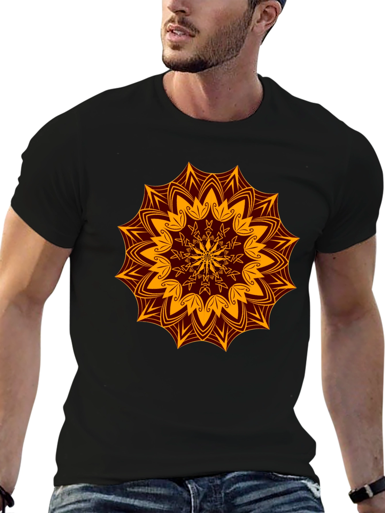 Floral Mandala Print Black T-Shirt