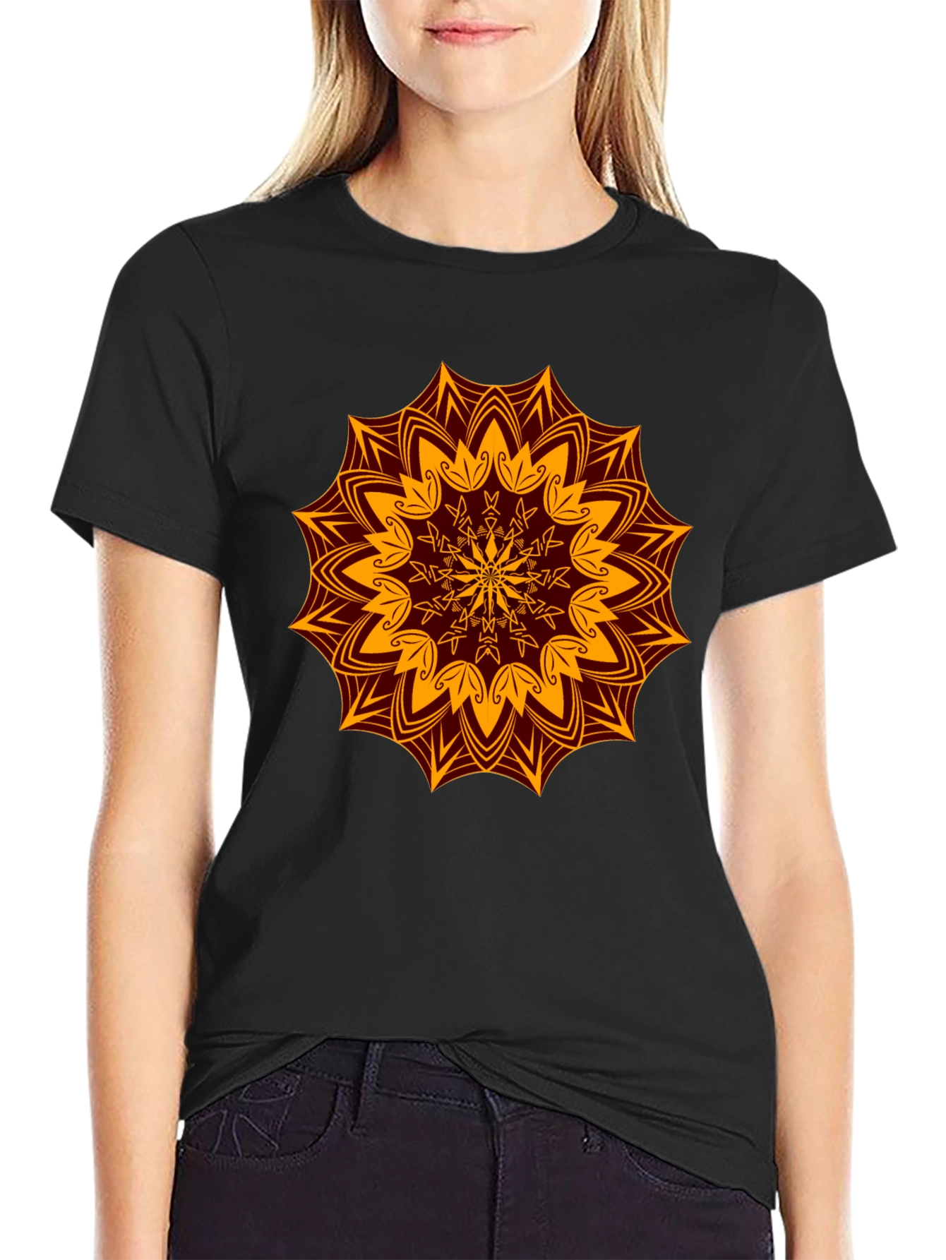 Floral Mandala Print Black T-Shirt