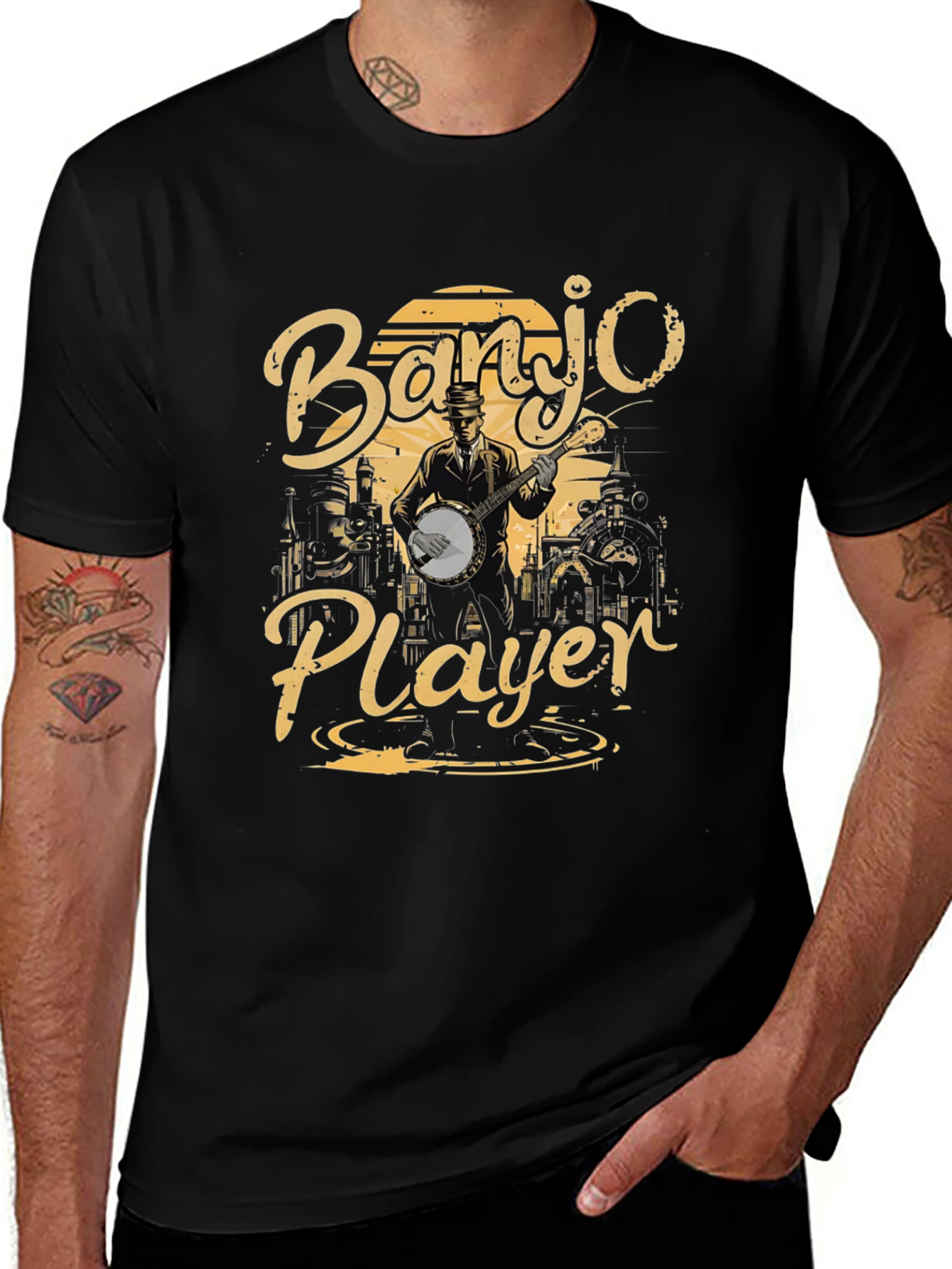 Banjo Player Graphic T-Shirt - Black