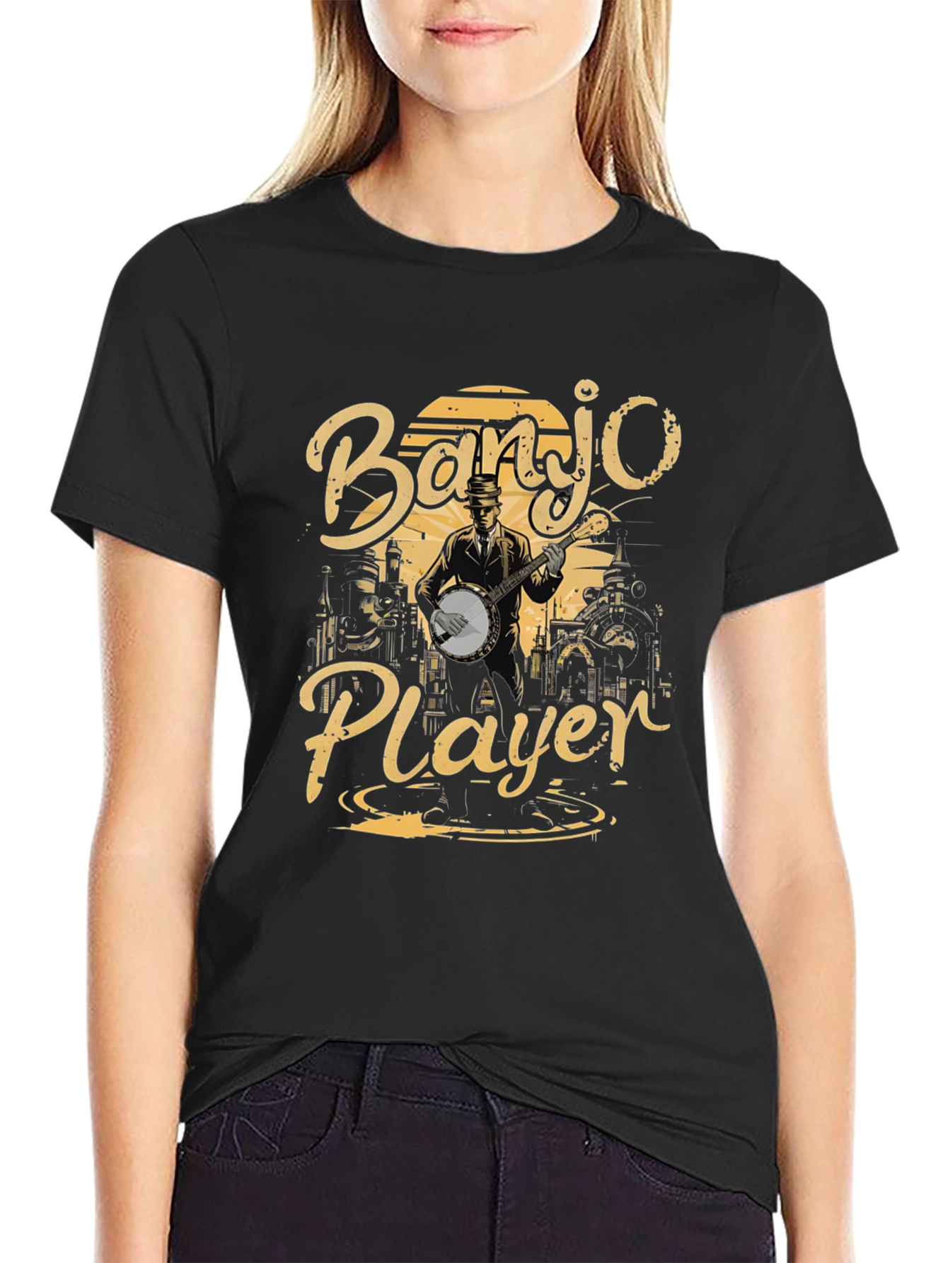 Banjo Player Graphic T-Shirt - Black