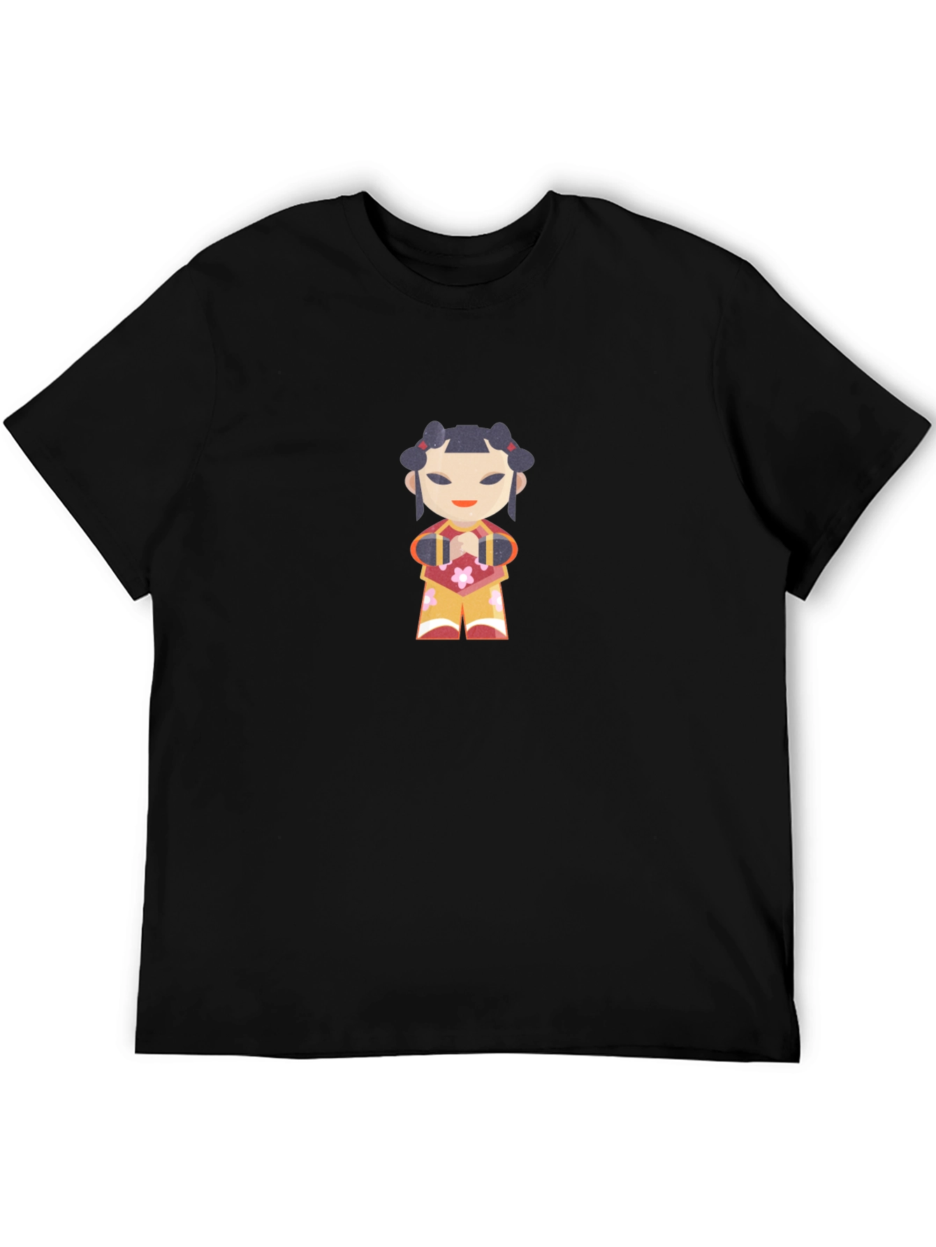 Black T-Shirt with Japanese Doll Graphic Print