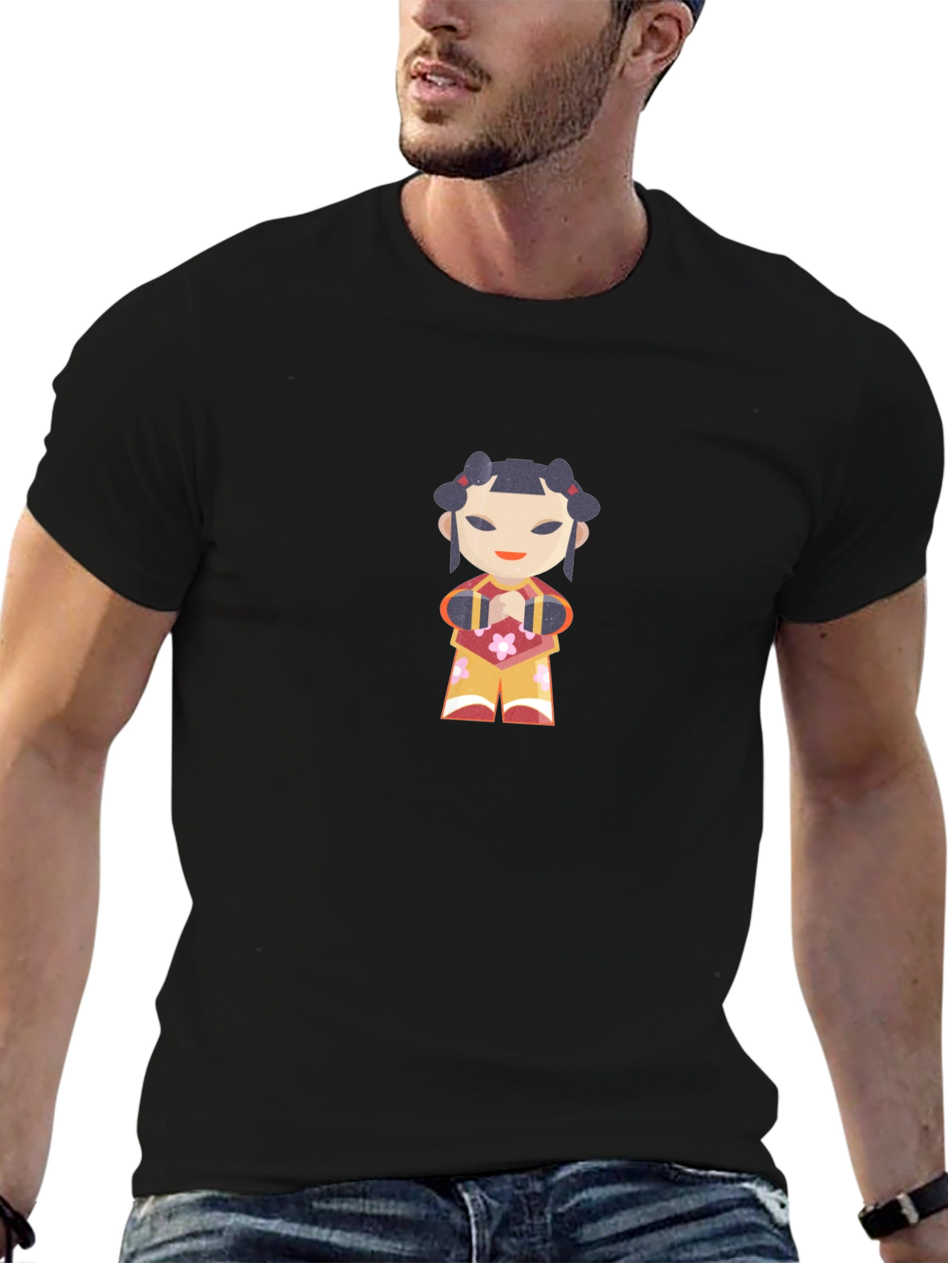 Black T-Shirt with Japanese Doll Graphic Print