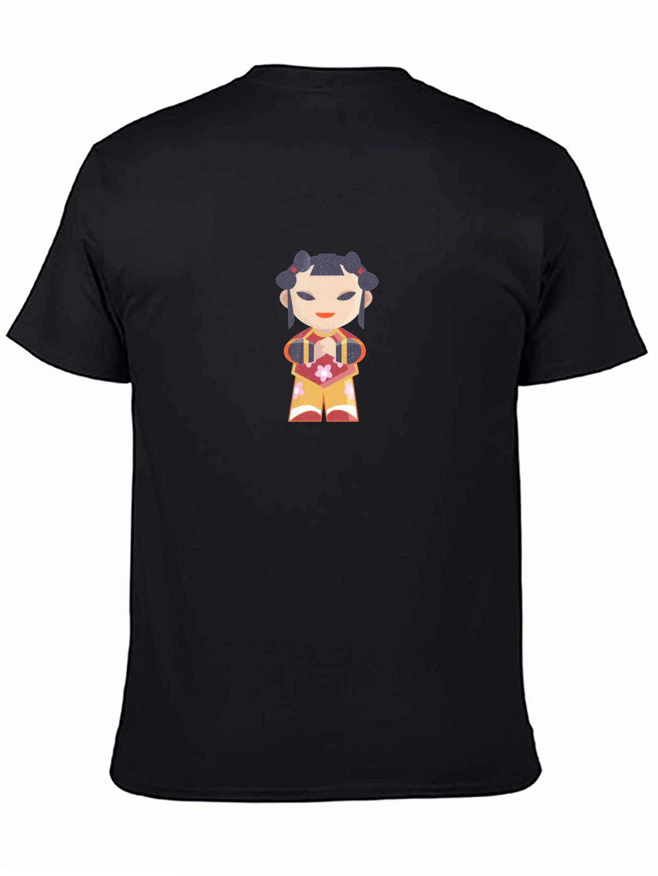 Black T-Shirt with Japanese Doll Graphic Print