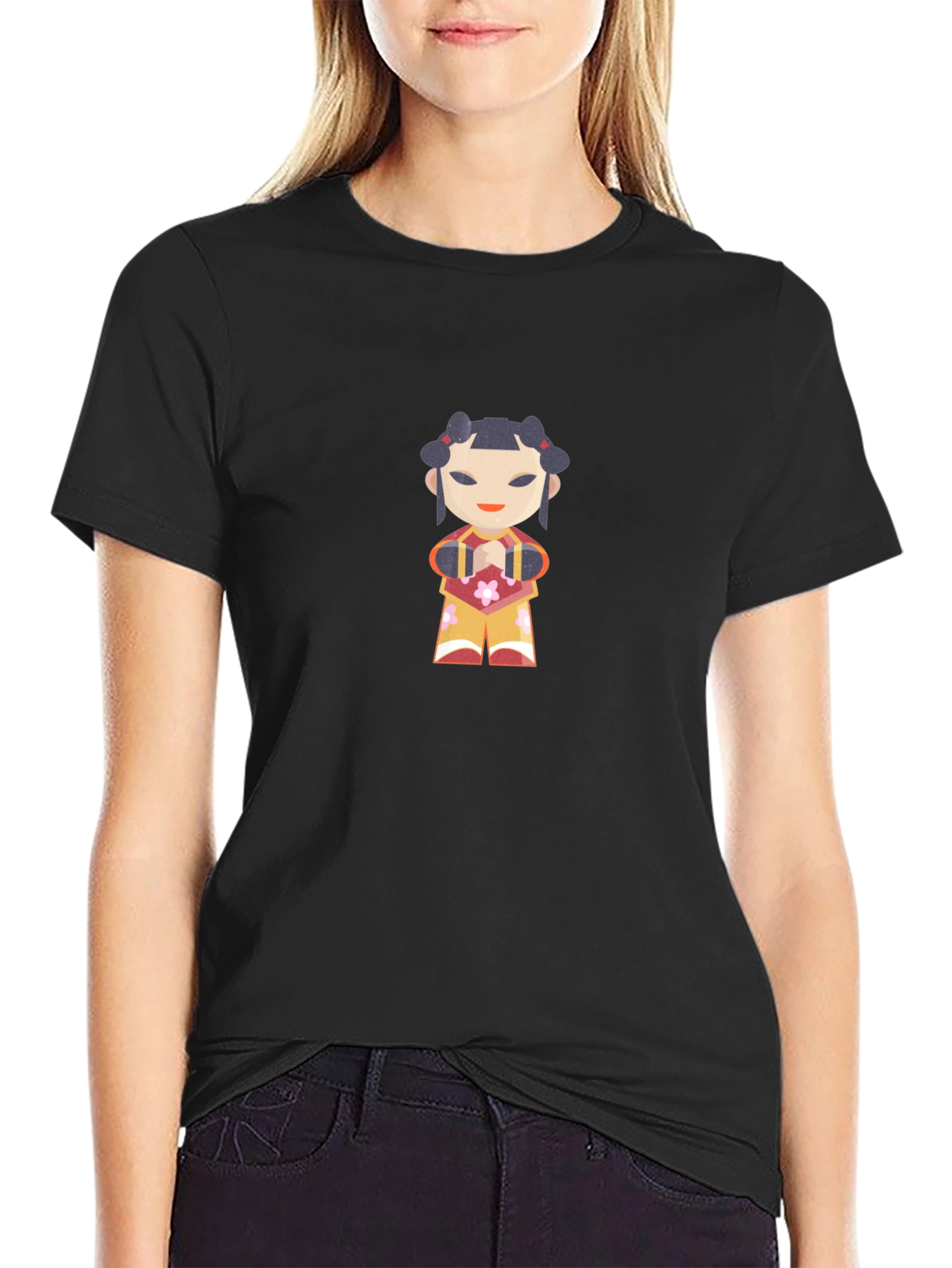 Black T-Shirt with Japanese Doll Graphic Print