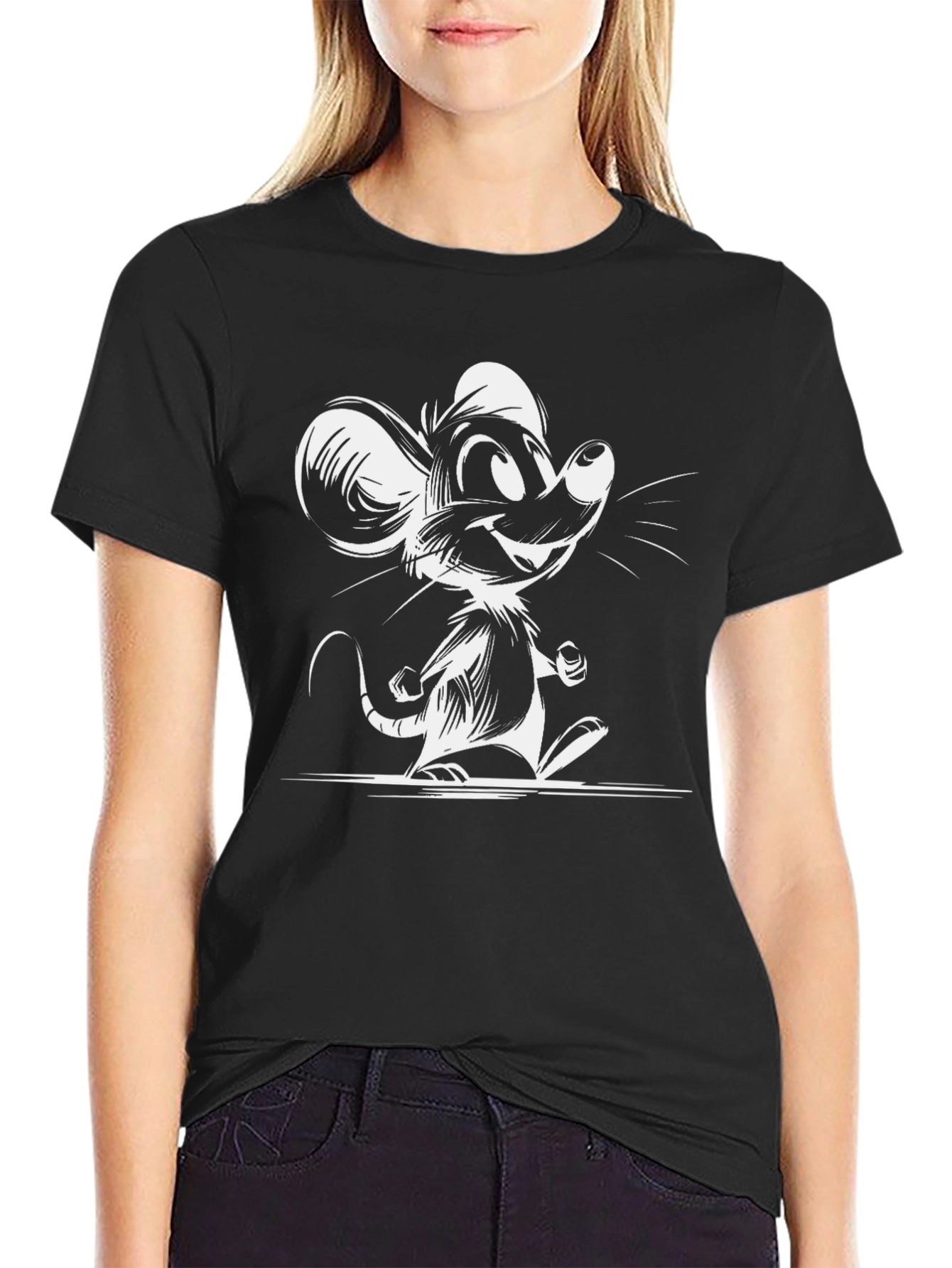 Cartoon Mouse Graphic T-Shirt - Black Cotton Tee