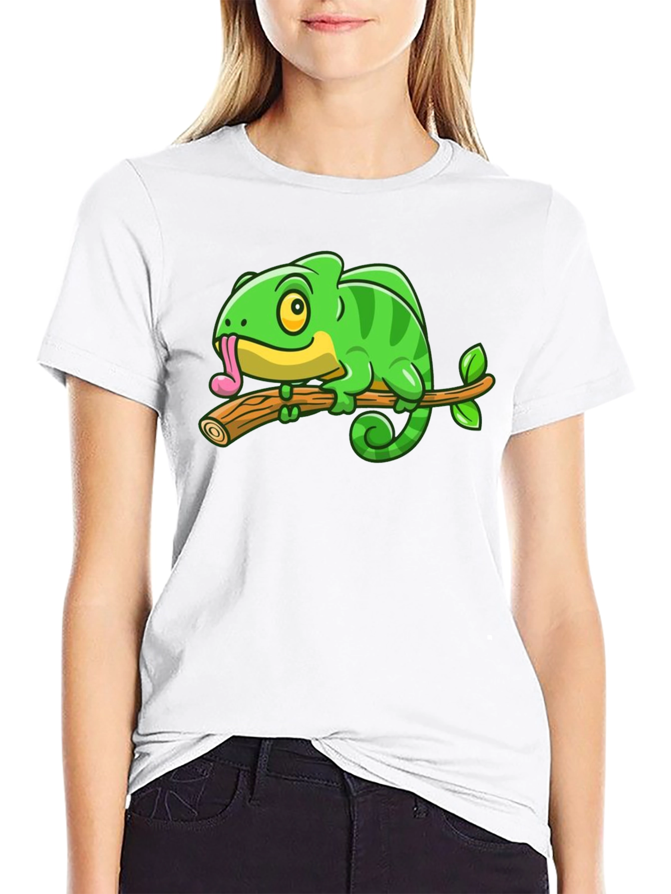 Cartoon Chameleon on Branch Graphic Tee - Black