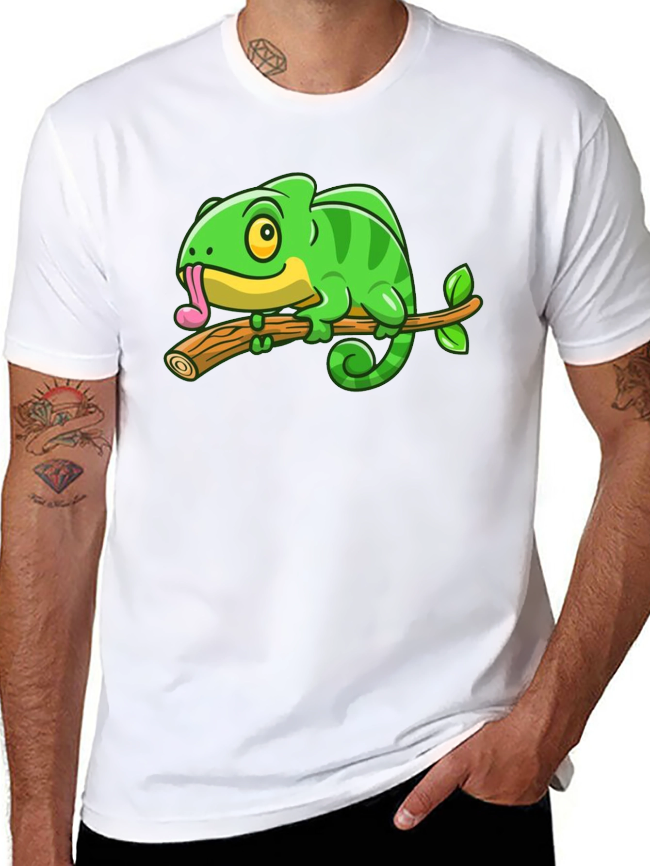 Cartoon Chameleon on Branch Graphic Tee - Black