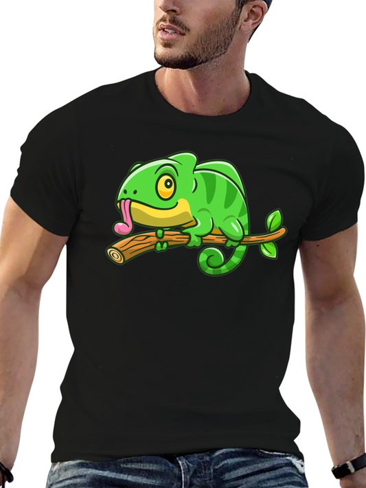 Cartoon Chameleon on Branch Graphic Tee - Black