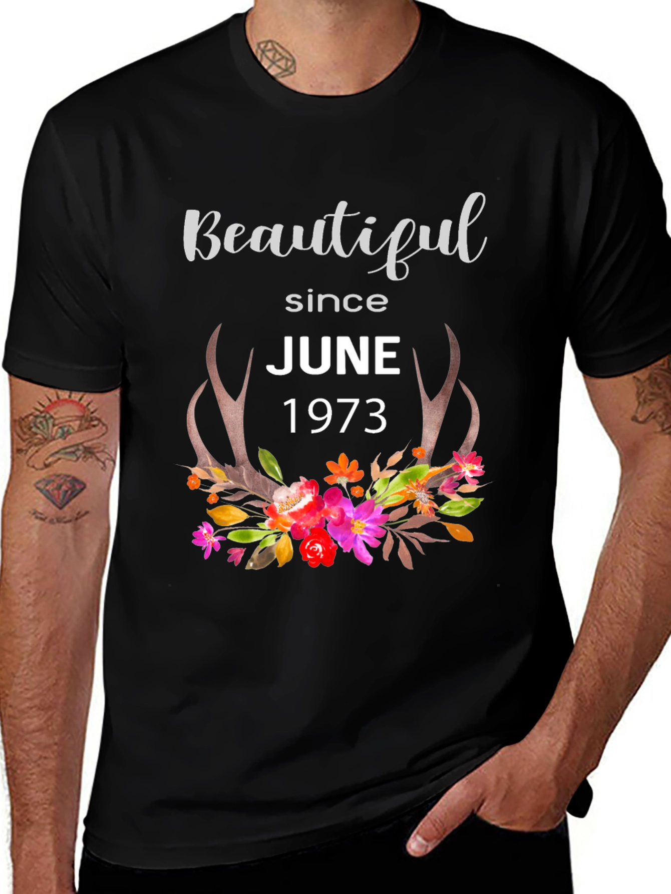 Beautiful Since June 1973 Floral Antler T-Shirt