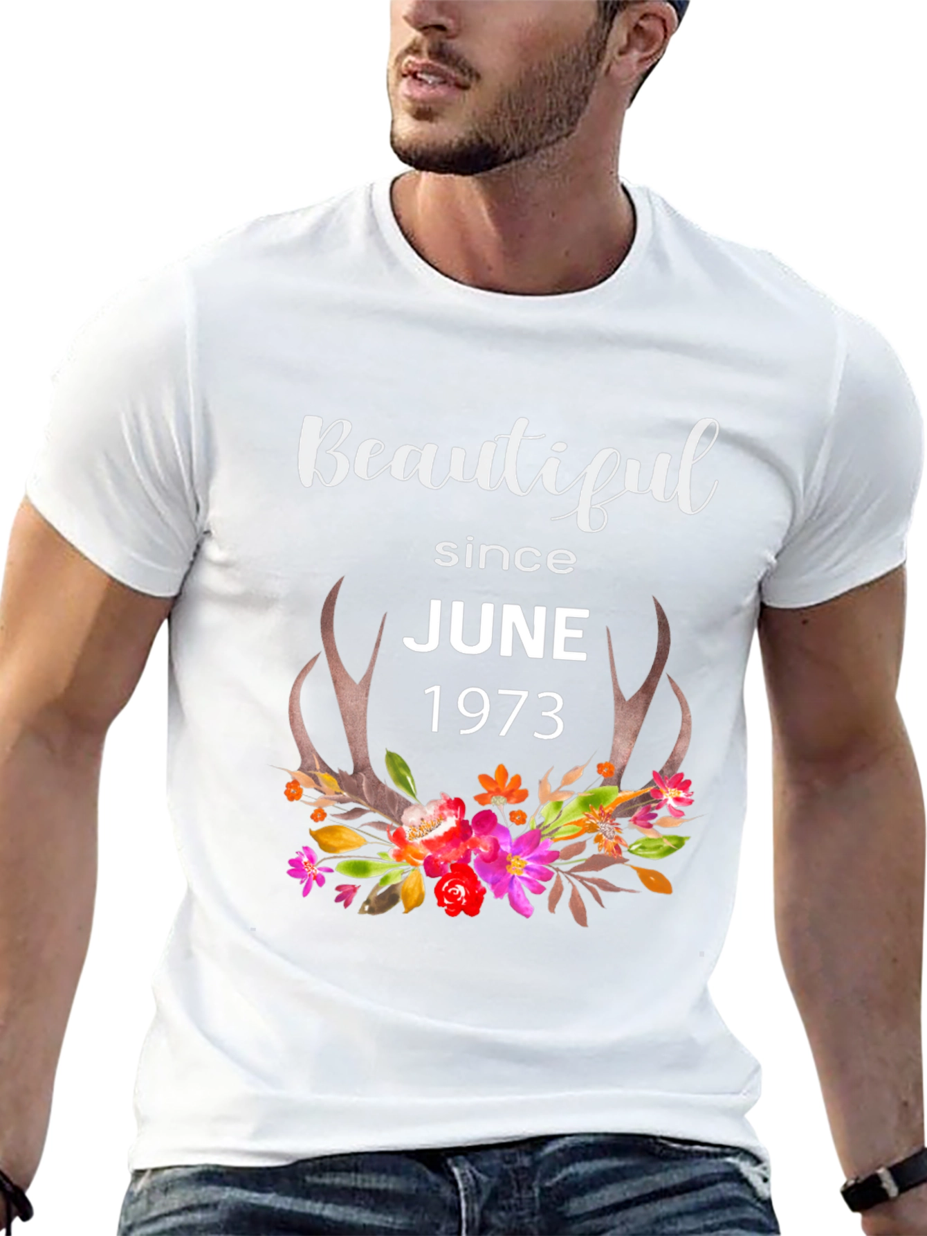 Beautiful Since June 1973 Floral Antler T-Shirt