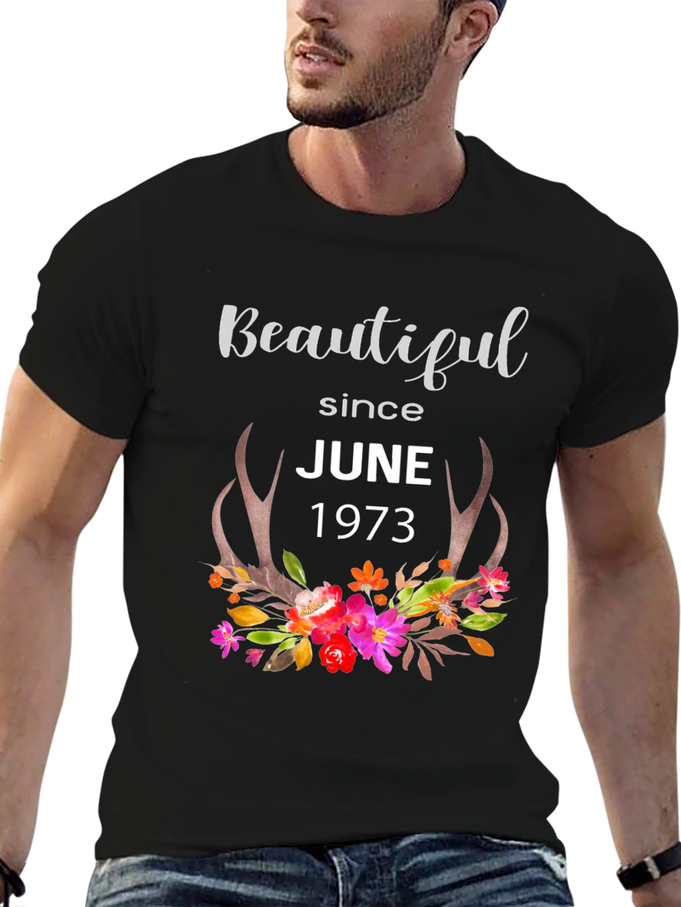 Beautiful Since June 1973 Floral Antler T-Shirt