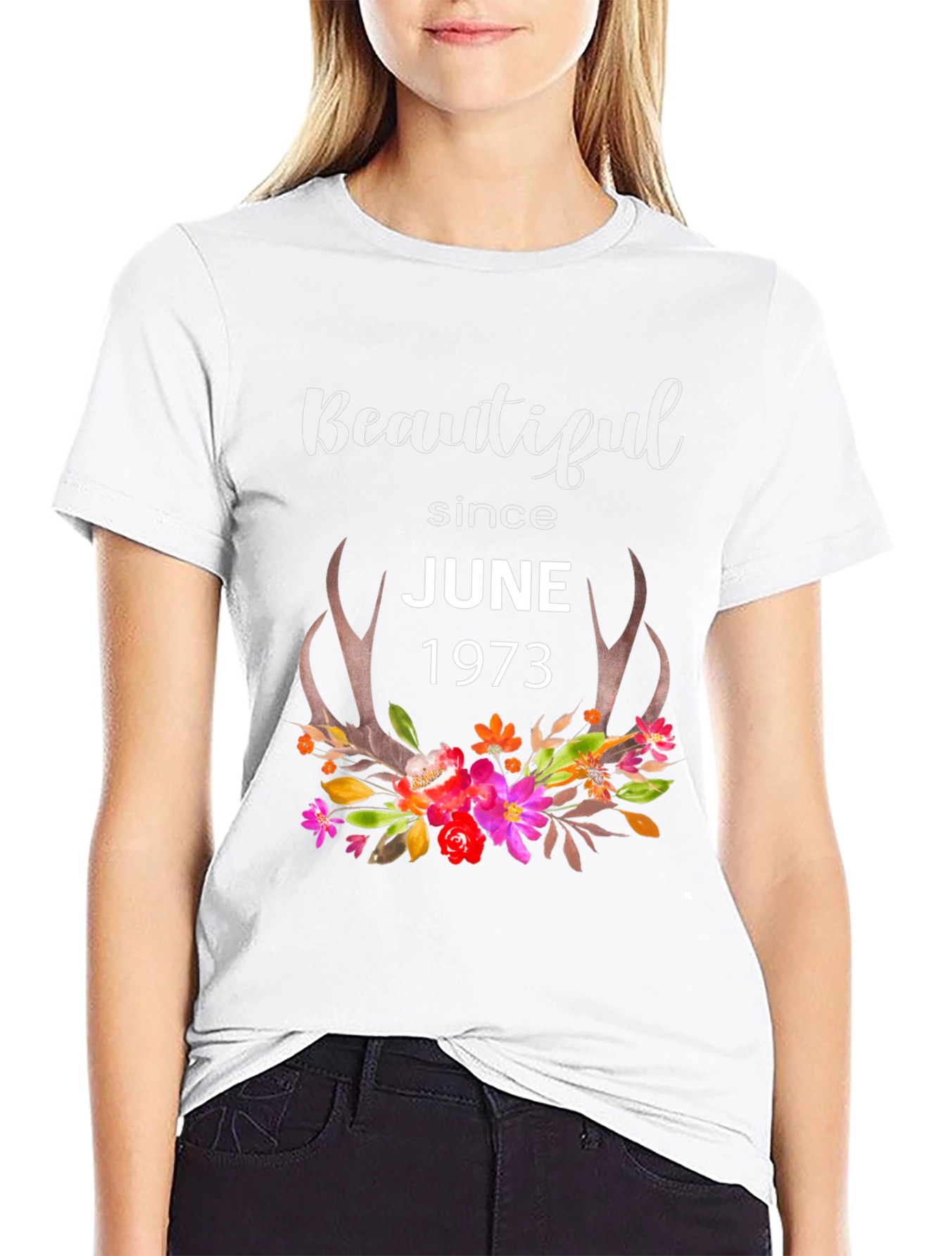 Beautiful Since June 1973 Floral Antler T-Shirt