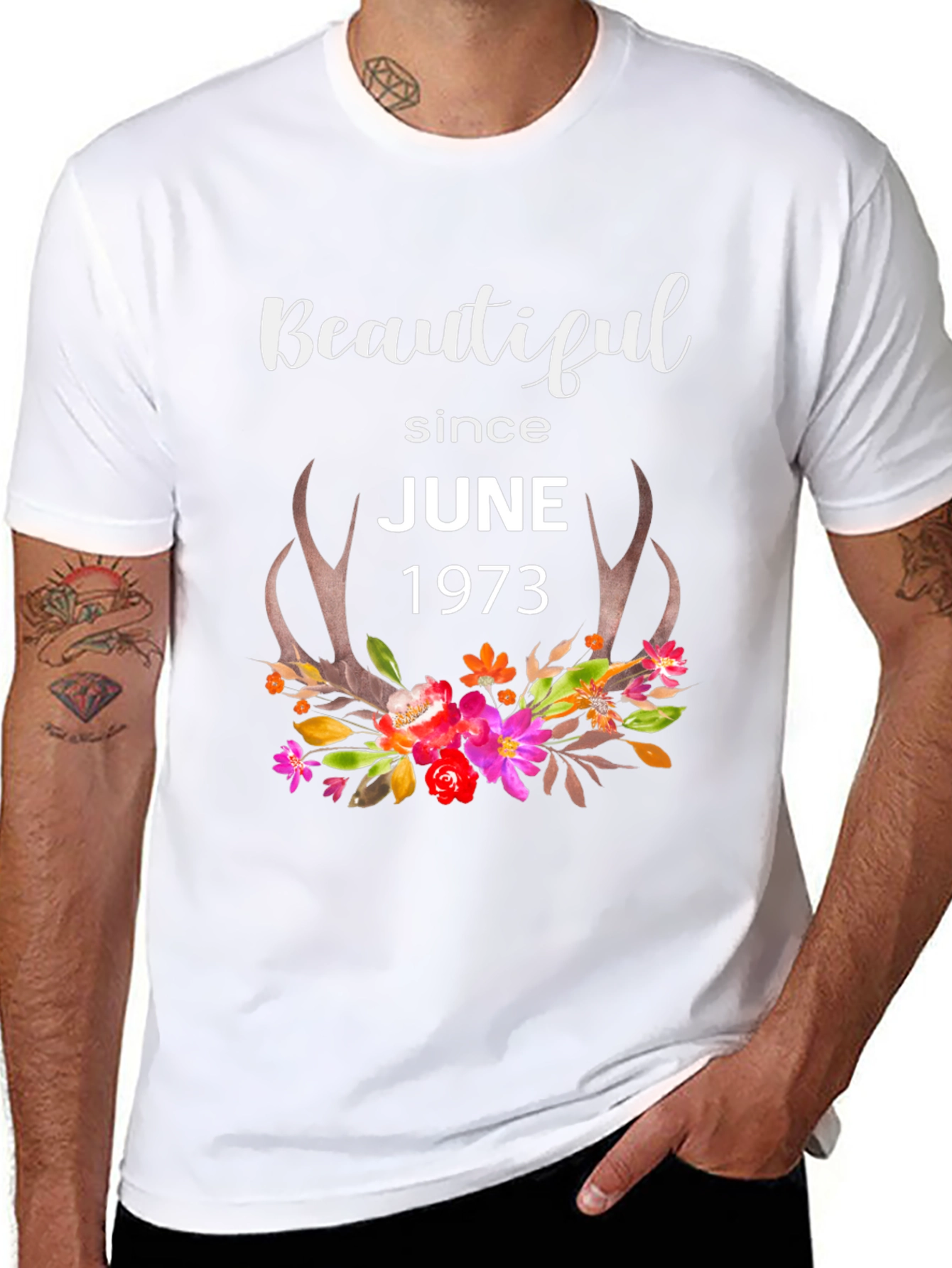 Beautiful Since June 1973 Floral Antler T-Shirt