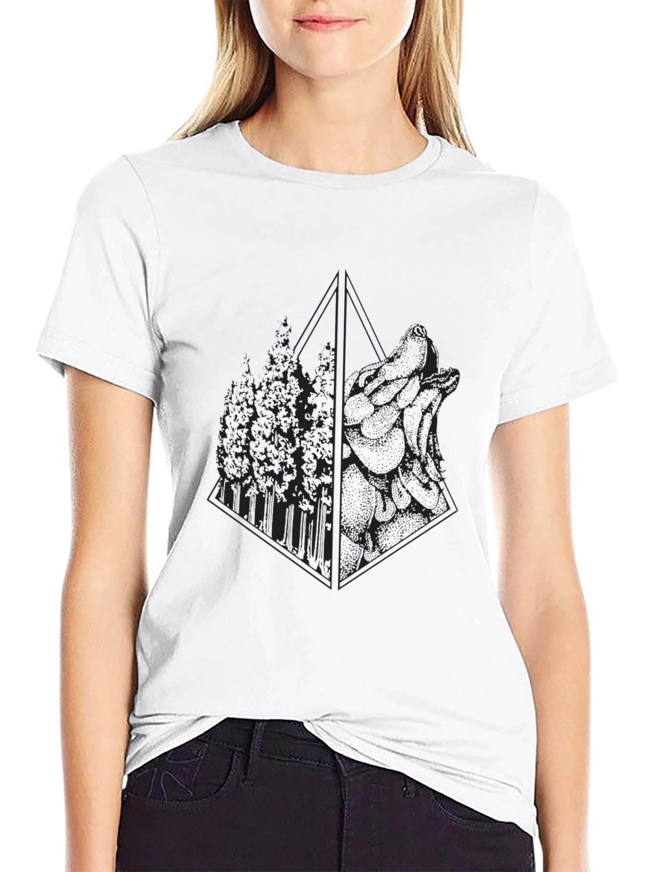 Geometric Wolf & Forest Graphic T-Shirt