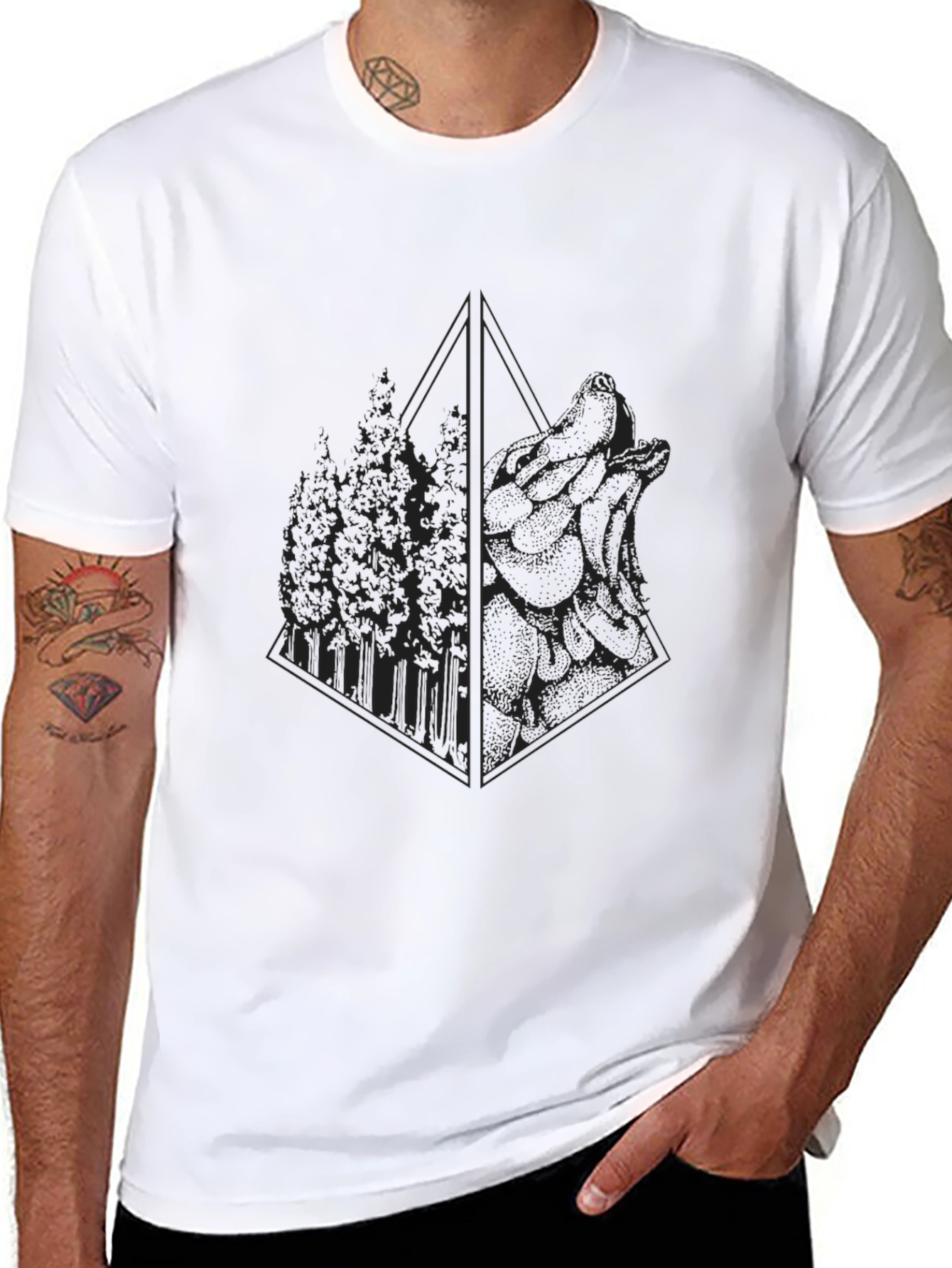 Geometric Wolf & Forest Graphic T-Shirt