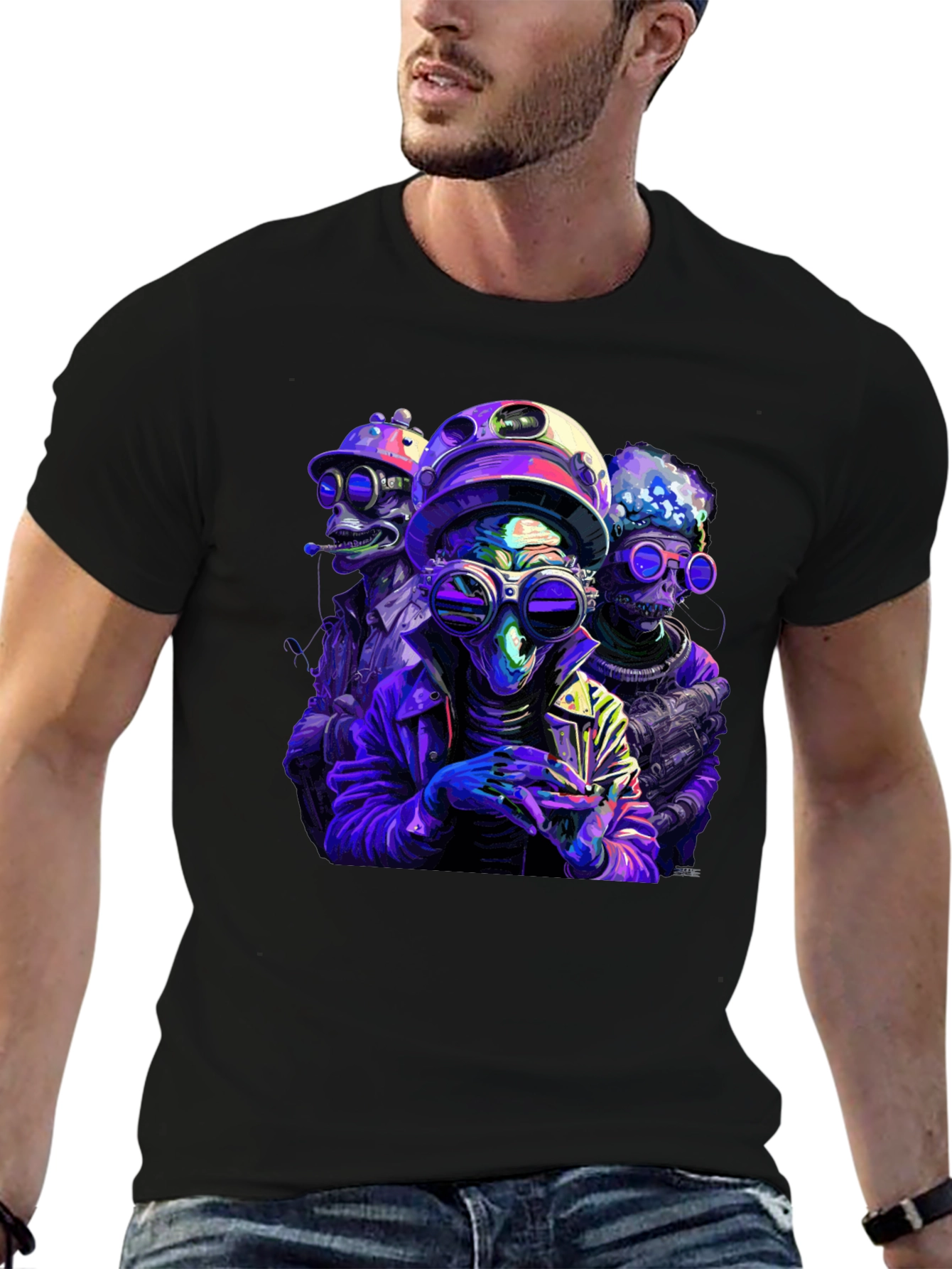 Retro Alien Crew Graphic Black T-Shirt