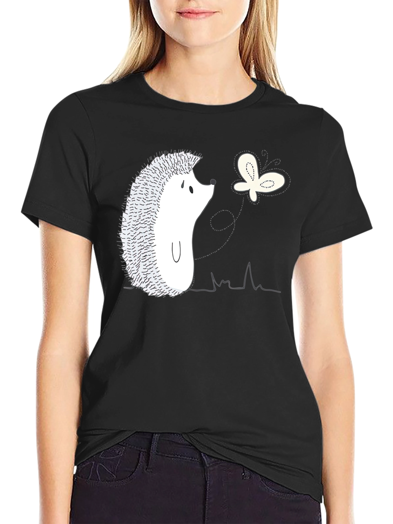 Hedgehog and Butterfly Graphic Tee - Black