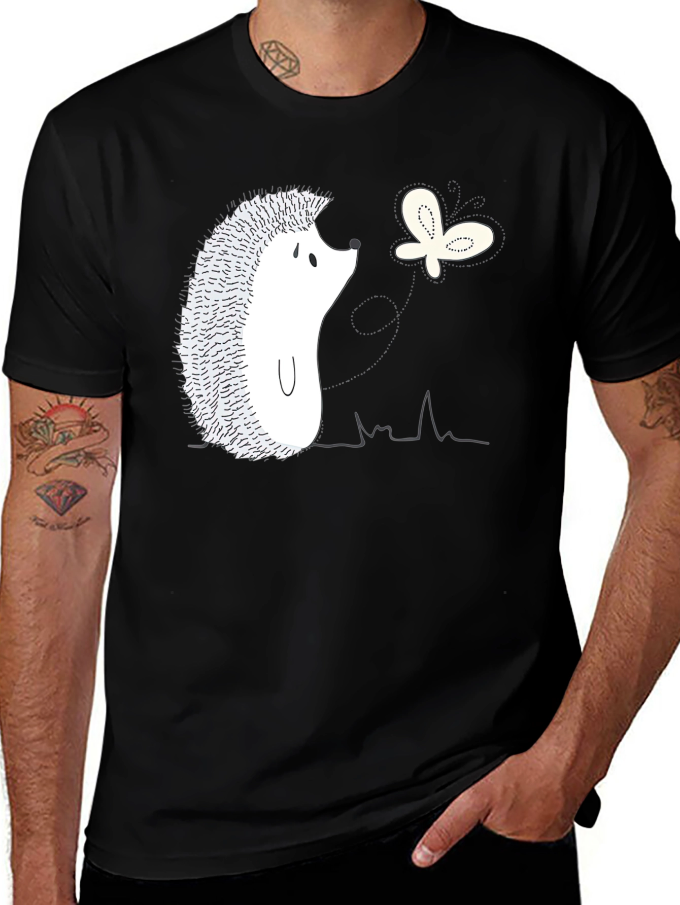 Hedgehog and Butterfly Graphic Tee - Black