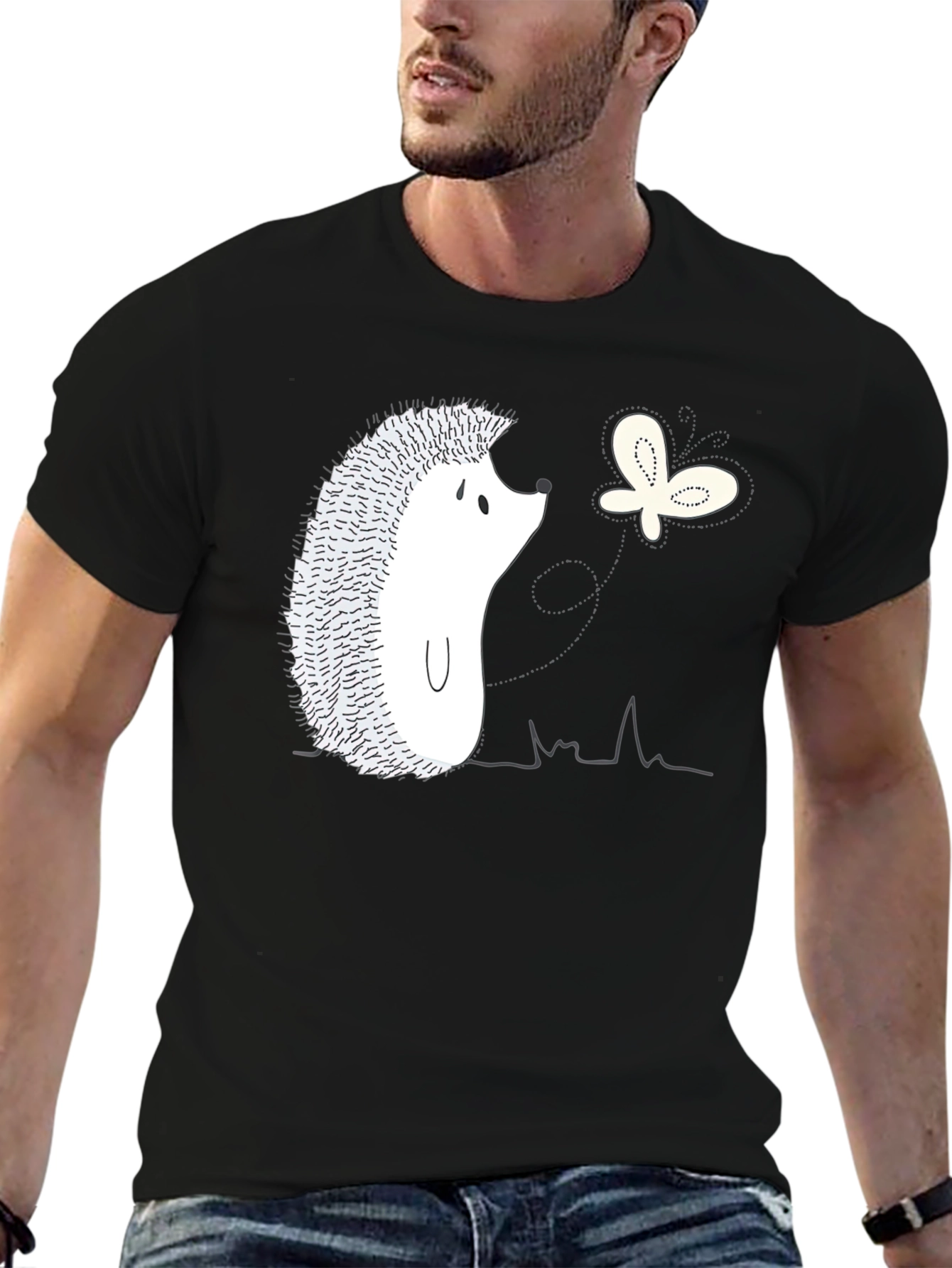 Hedgehog and Butterfly Graphic Tee - Black