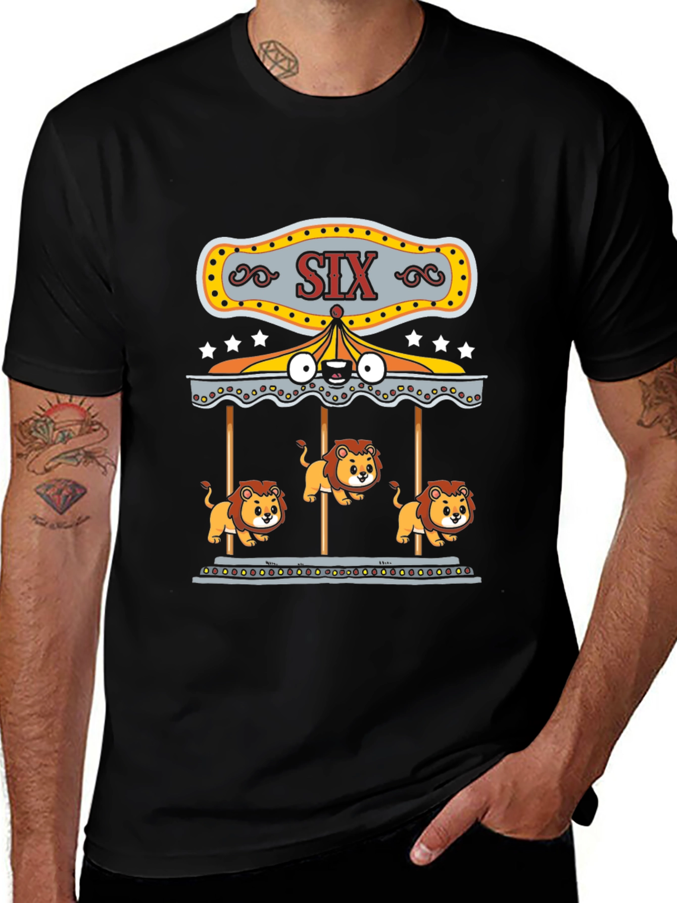 Lion Carousel Graphic Tee - Black Cotton T-Shirt