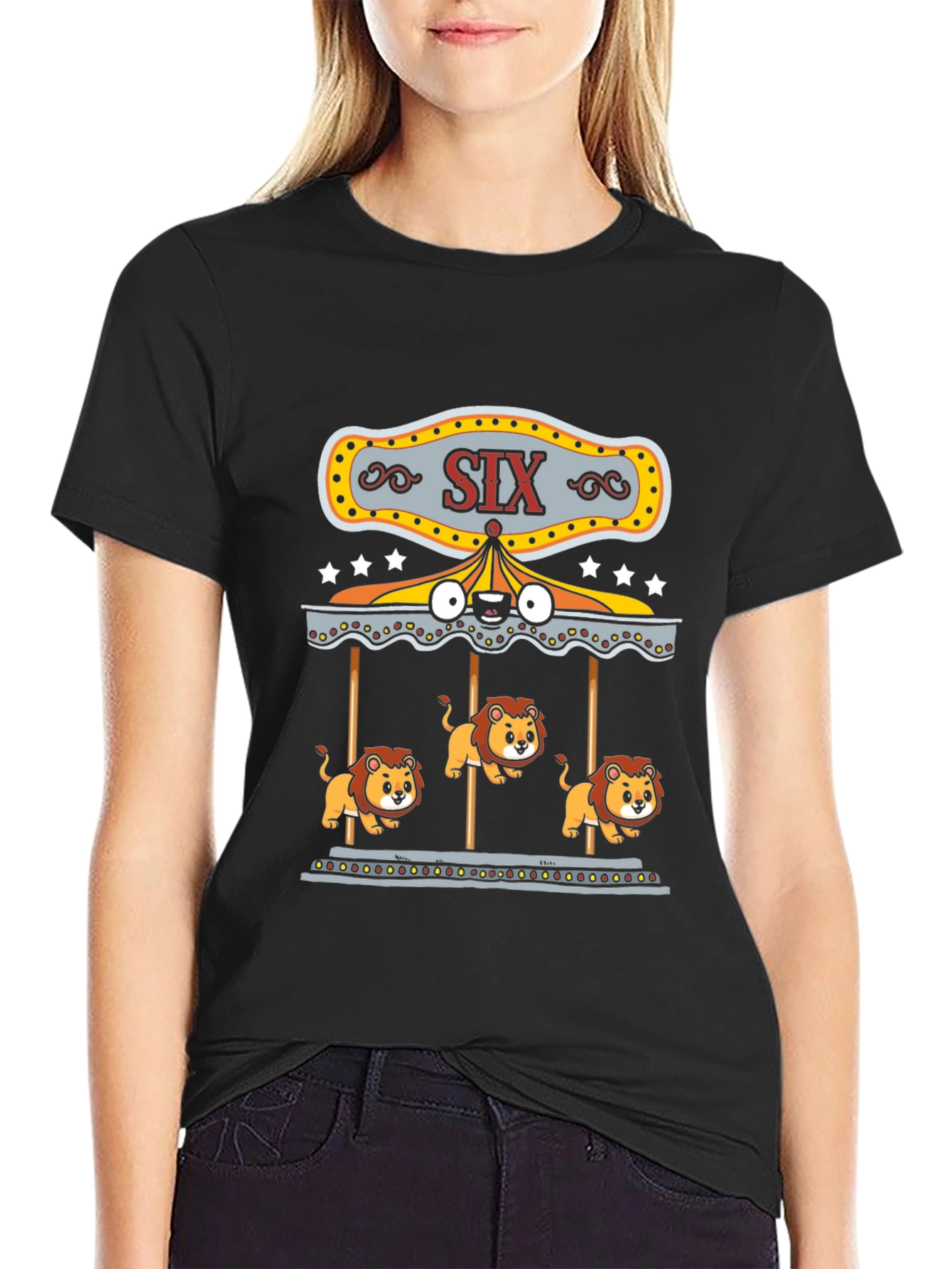 Lion Carousel Graphic Tee - Black Cotton T-Shirt