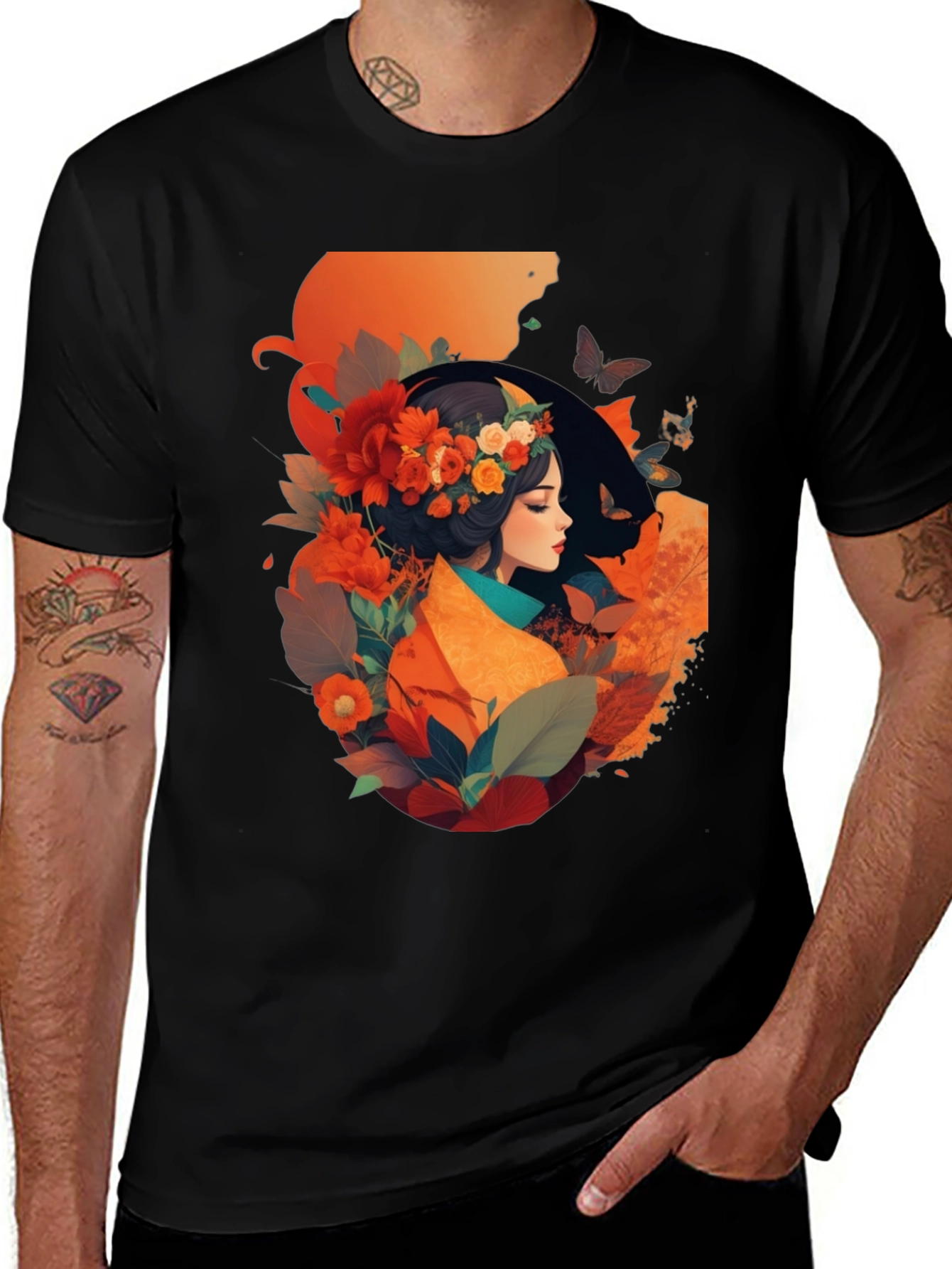 Floral Woman Graphic Tee - Stylish Black T-Shirt