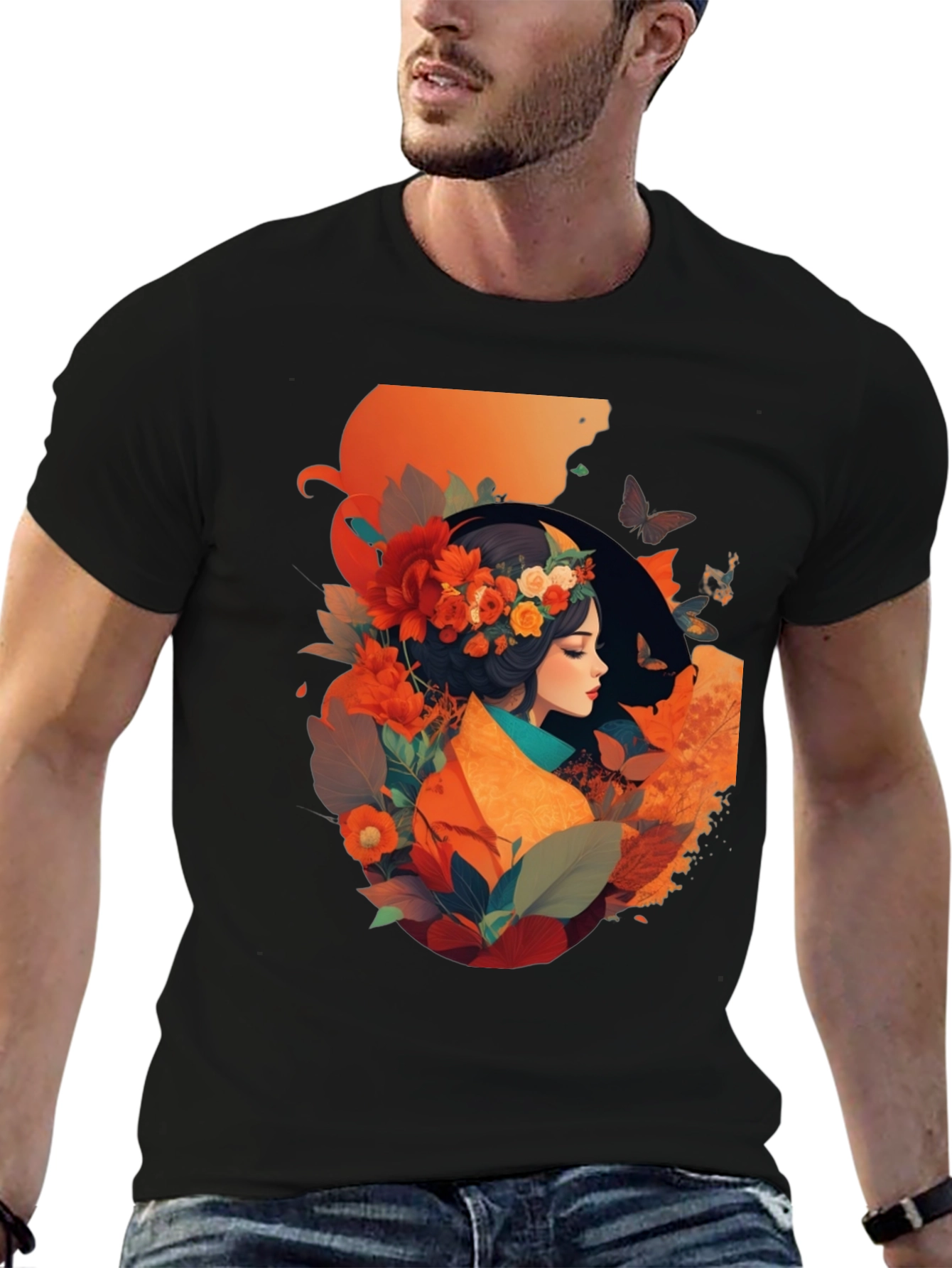 Floral Woman Graphic Tee - Stylish Black T-Shirt