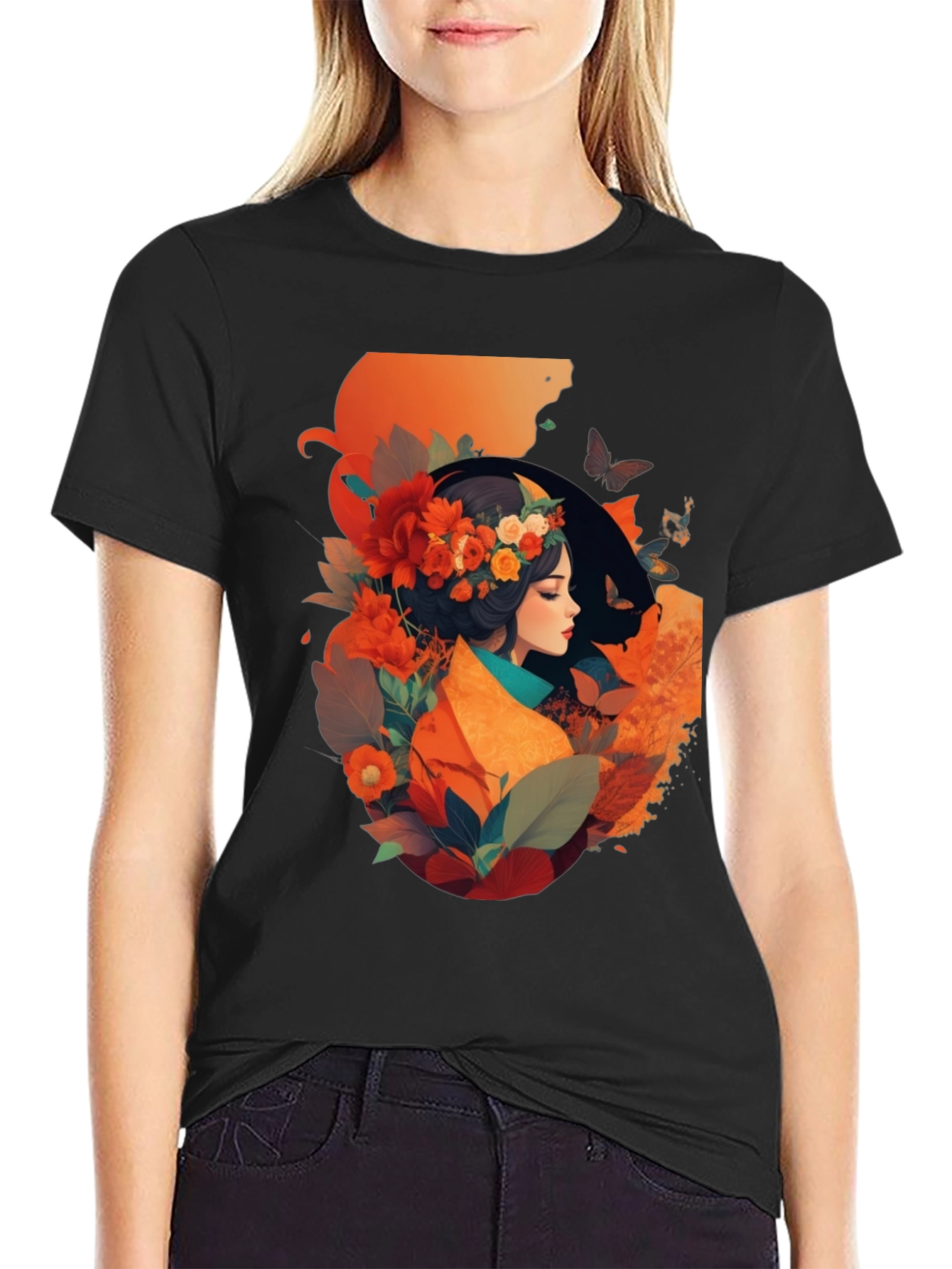 Floral Woman Graphic Tee - Stylish Black T-Shirt