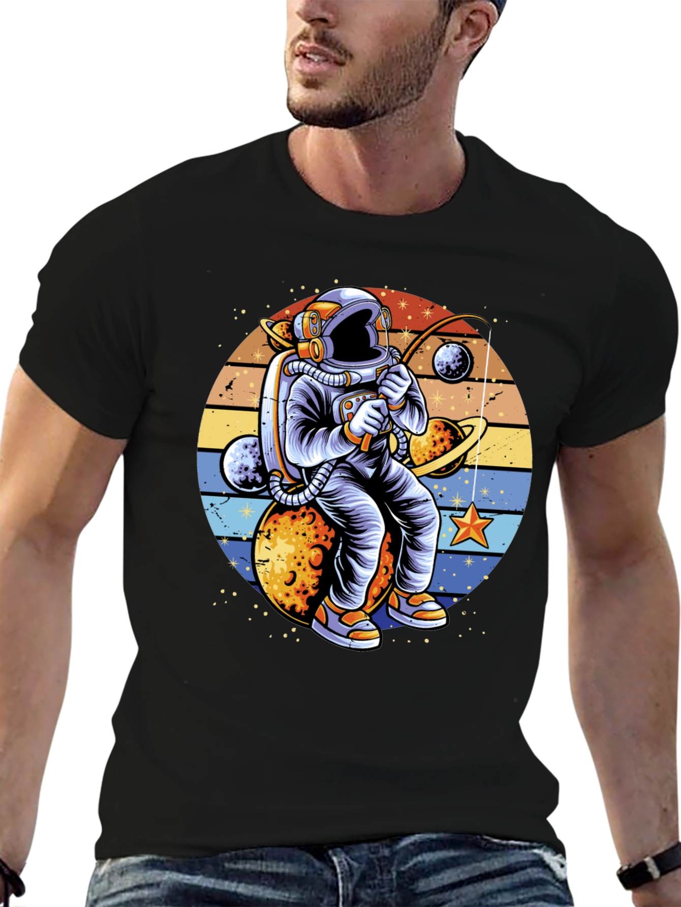 Astronaut Fishing Planets Graphic T-Shirt