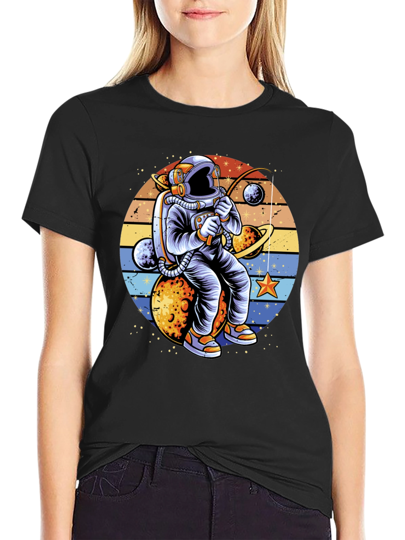 Astronaut Fishing Planets Graphic T-Shirt