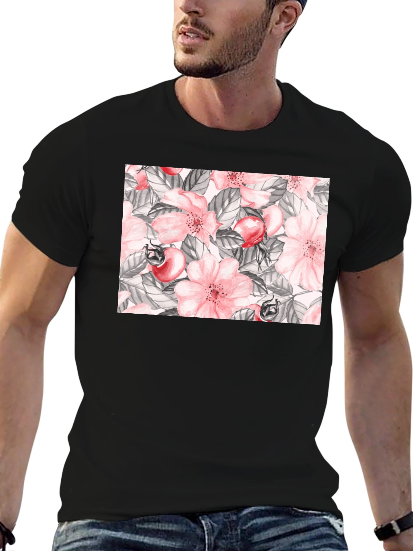 Floral Rose Hip Print Black T-Shirt