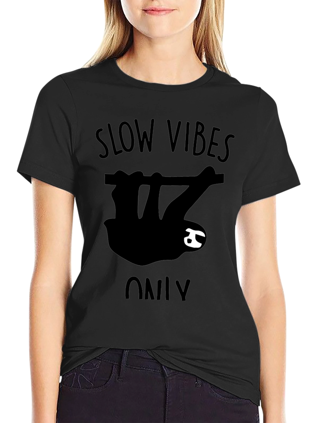 Slow Vibes Only Sloth Graphic T-Shirt - Black