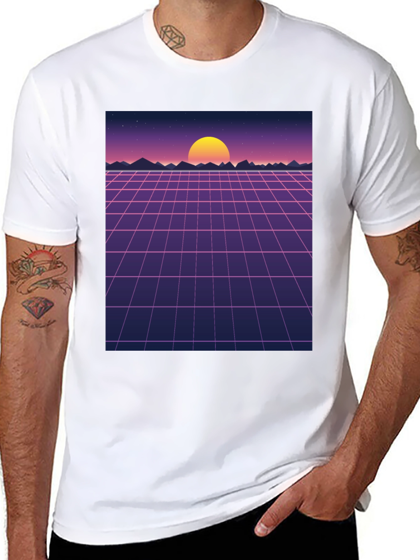 Retro Sunset Grid Graphic Tee - Synthwave Style Shirt
