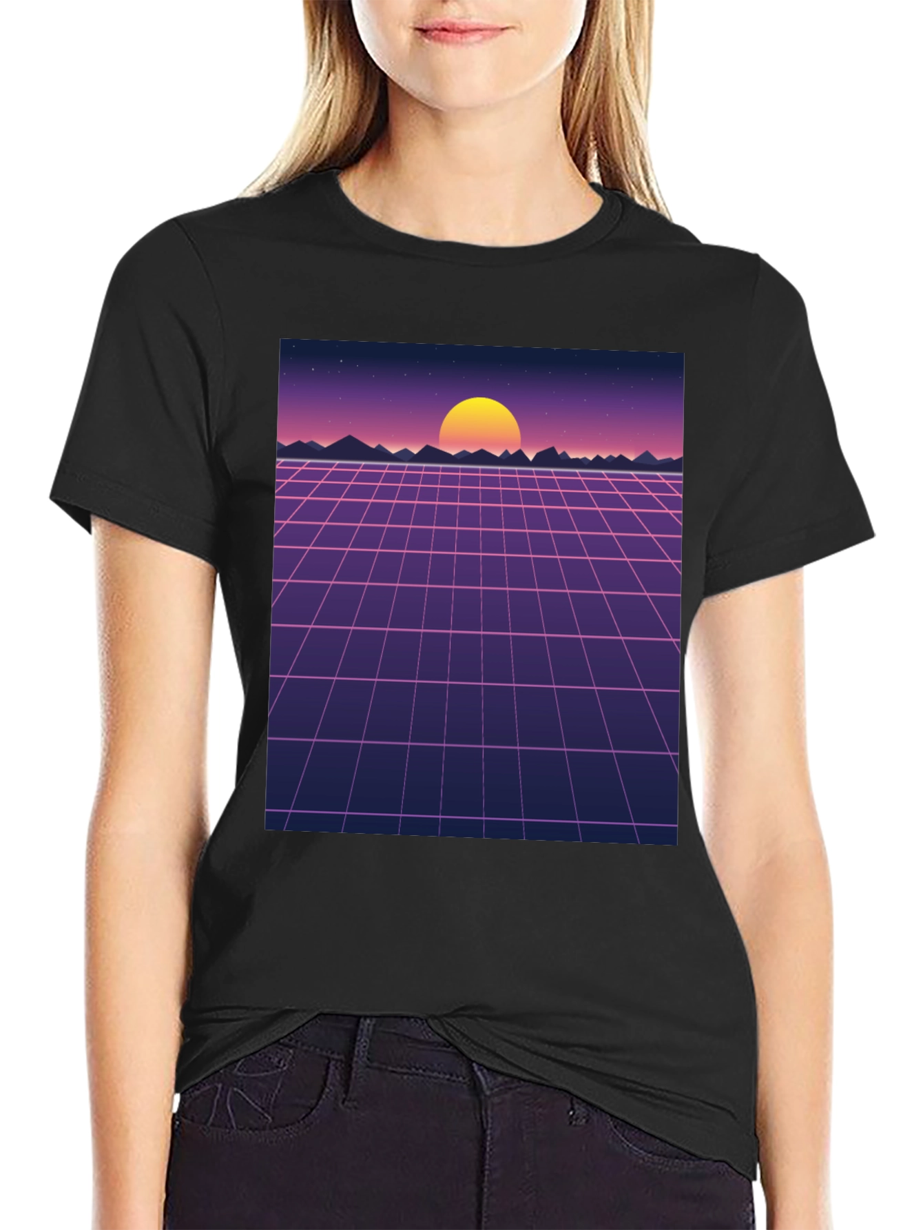 Retro Sunset Grid Graphic Tee - Synthwave Style Shirt