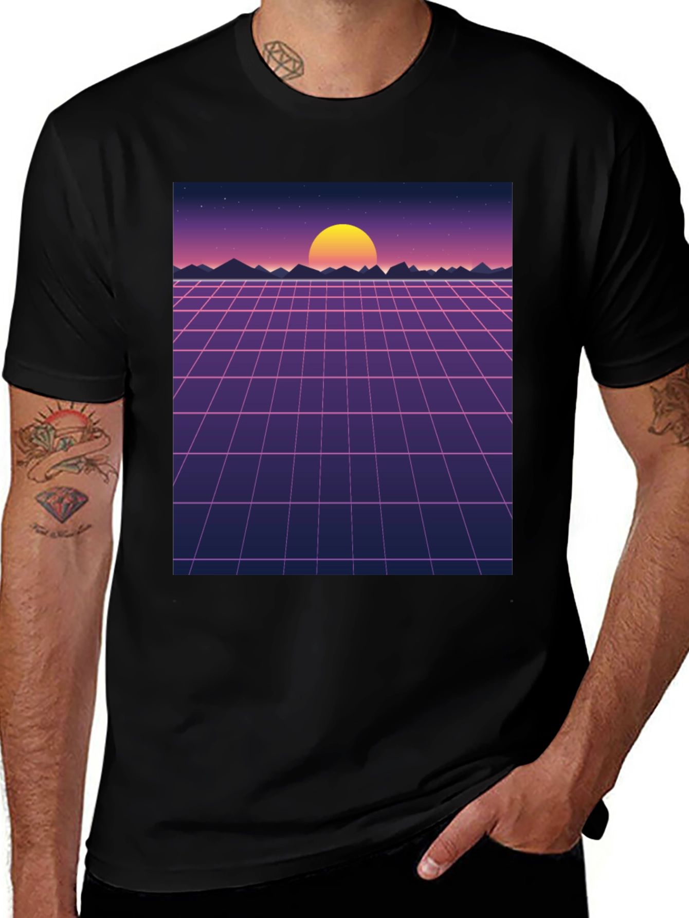 Retro Sunset Grid Graphic Tee - Synthwave Style Shirt