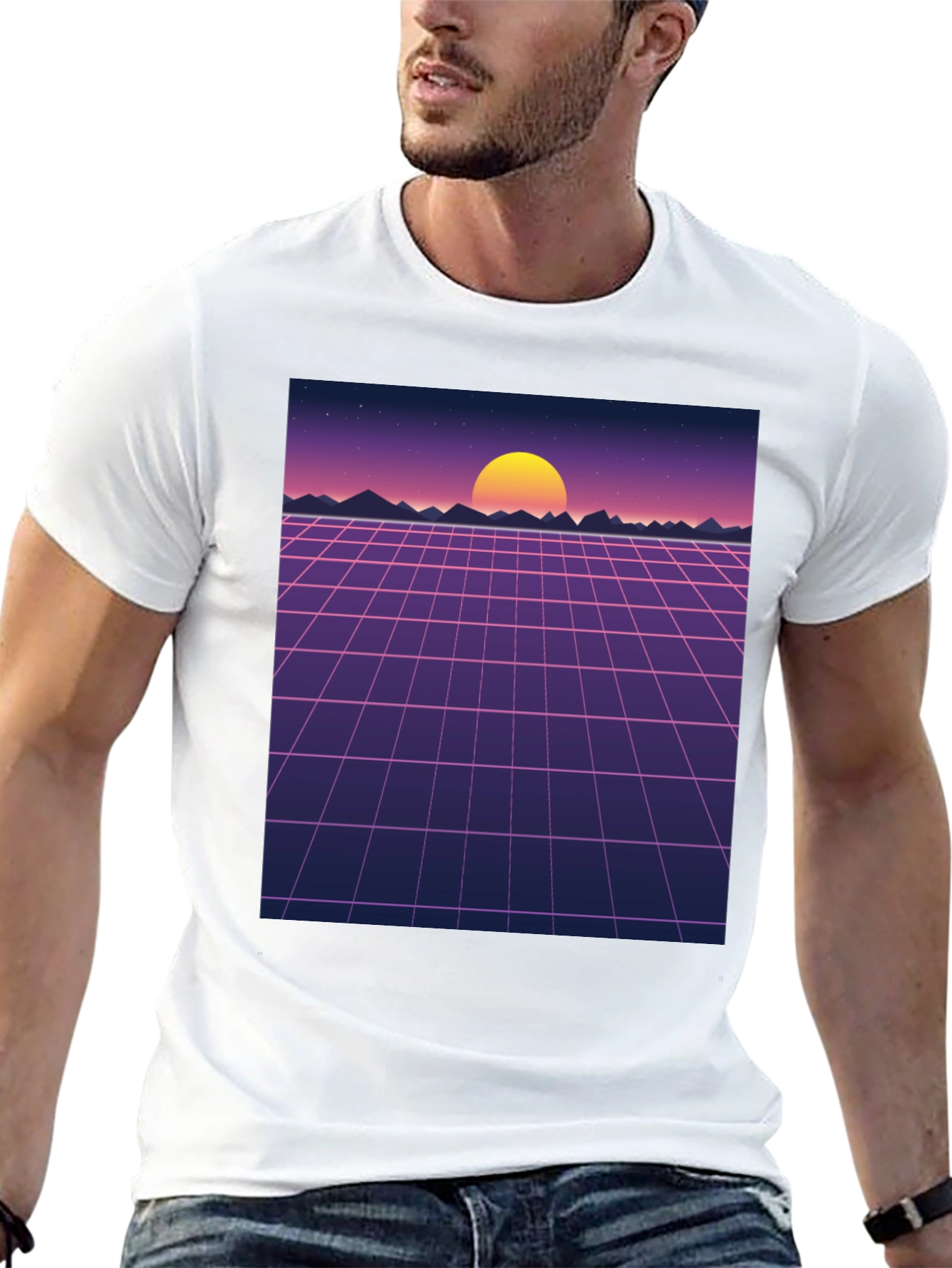 Retro Sunset Grid Graphic Tee - Synthwave Style Shirt
