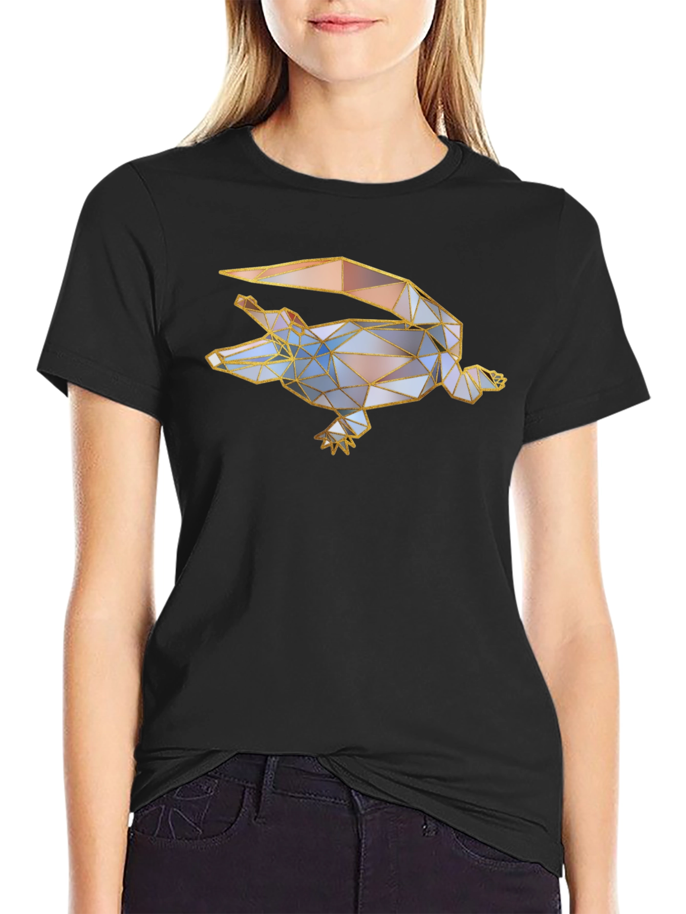 Geometric Crocodile Graphic Black T-Shirt