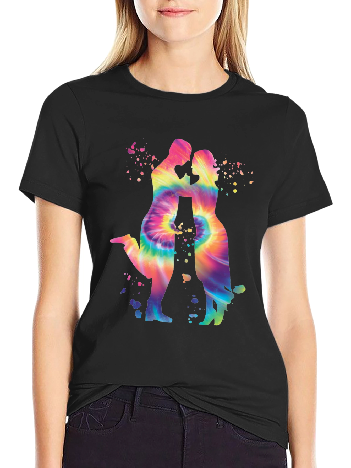 Tie-Dye Couple Silhouette Graphic Tee - Trendy Black T-Shirt